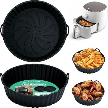 Alyvisun Air Fryer Silicone Liners, 2PCS Reusable Airfryer Basket Baking Tray Inserts Versatile Round Rack Pot for Microwave, Oven Black