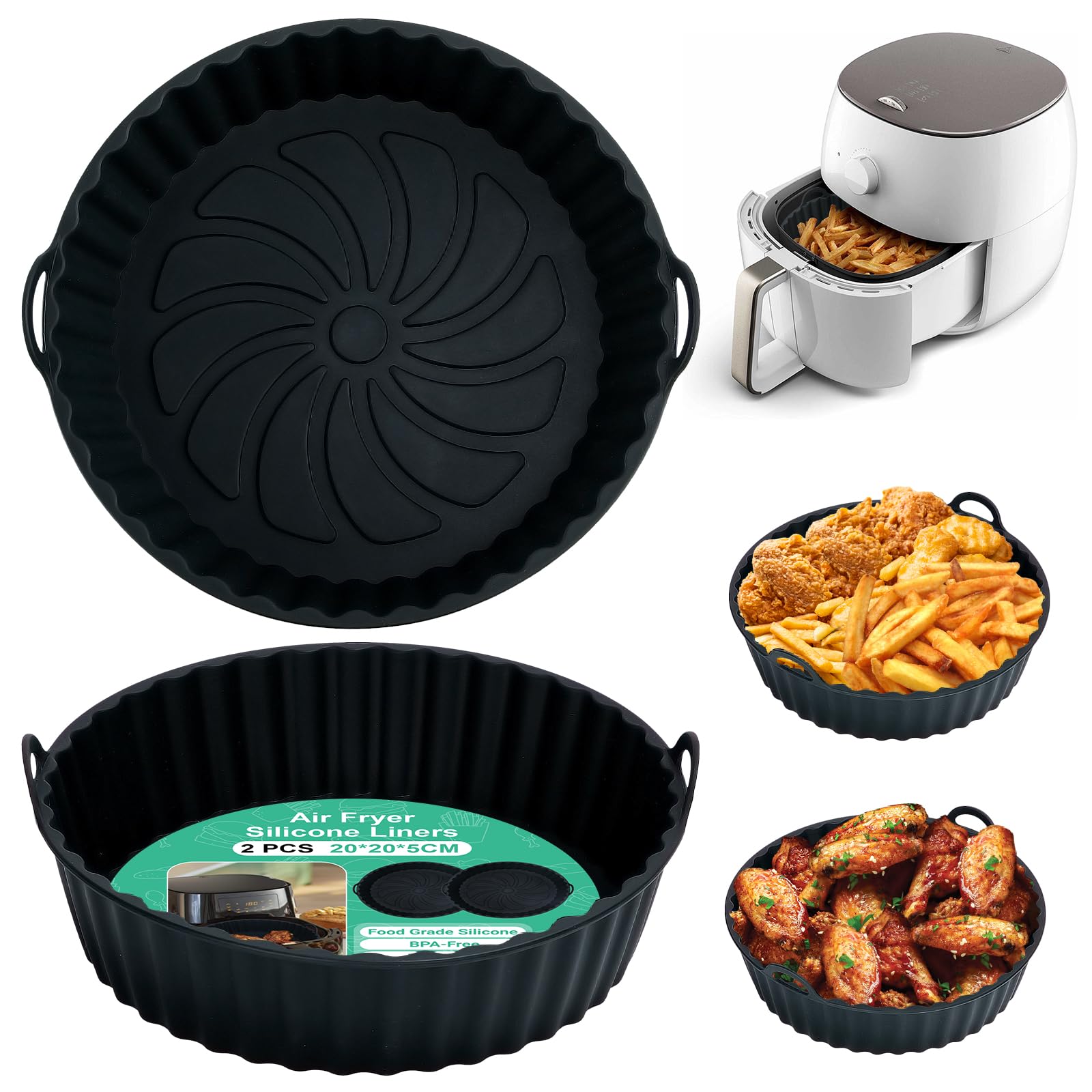 Alyvisun Air Fryer Silicone Liners, 2PCS Reusable Airfryer Basket Baking Tray Inserts Versatile Round Rack Pot for Microwave, Oven (Black)
