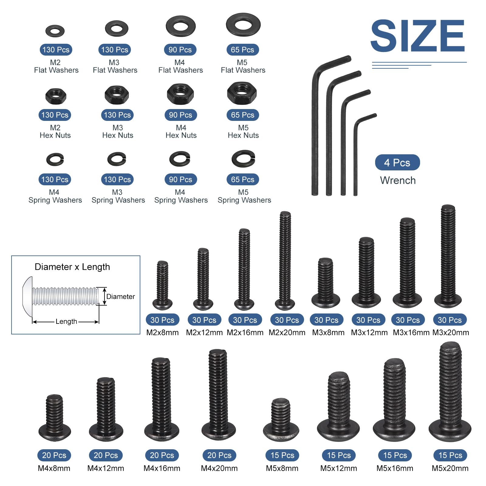 DTGN 1625Pcs M2/M3/M4/M5 Button Head Hex Socket Cap Screw, Bolt Nut Washer Wrench Assortment Kit Carbon Steel Black - Image 2