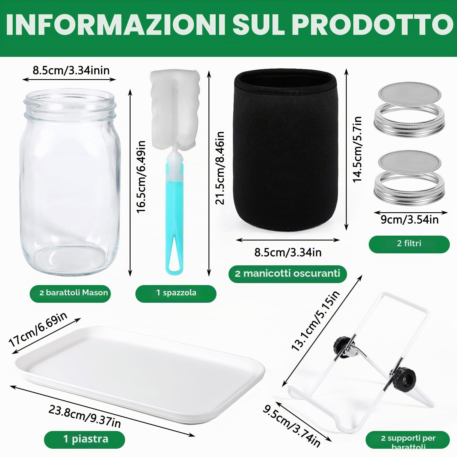 Barattolo Germogliatore Set,2 1000ml Germogliatore in Vetro, 2 Coperture, 2 Supporti e 1 Vassoio,2 Manicotti Oscuranti,1 Spazzola,Kit di Barattoli per Germogliamento di Semi per Broccoli Germ