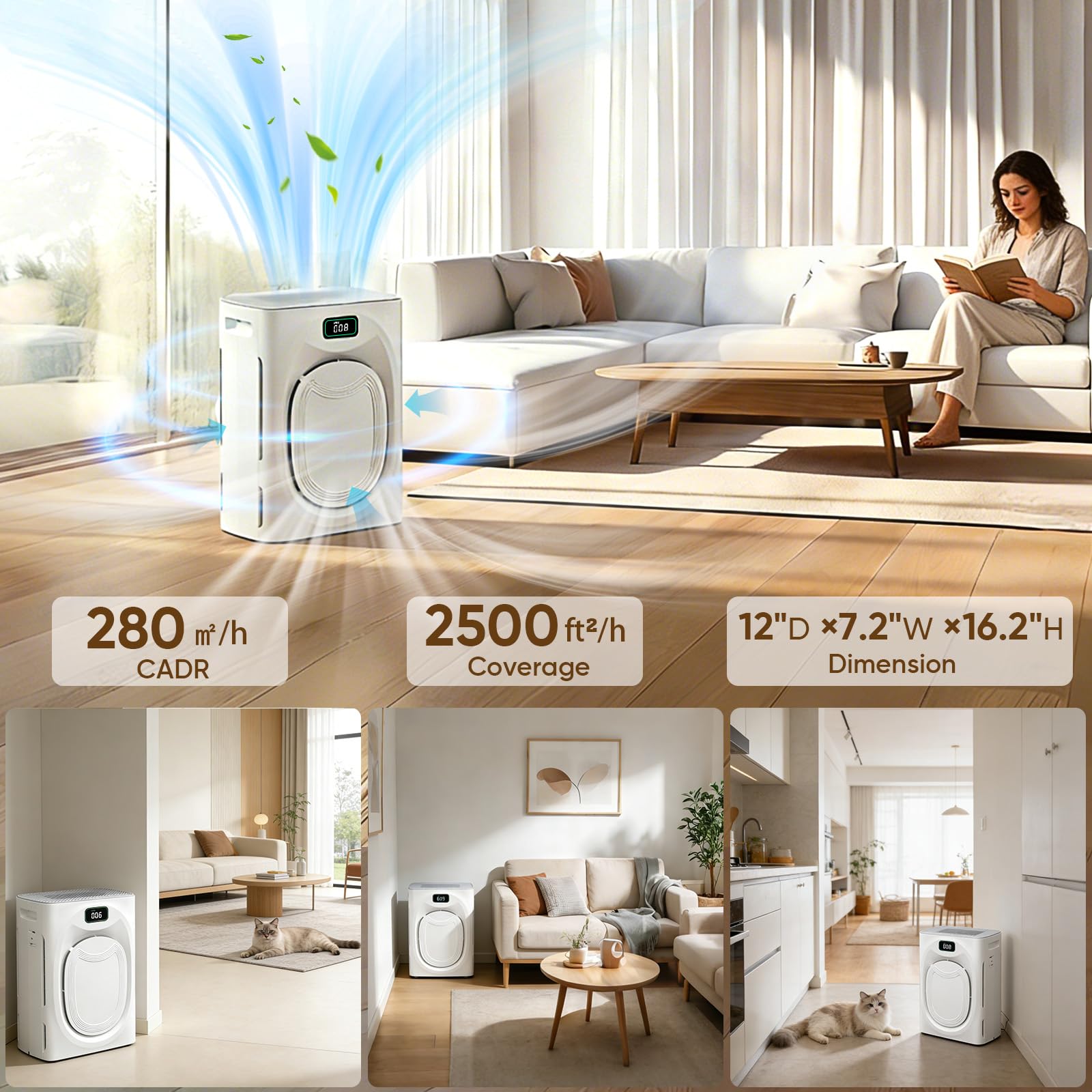 Purificador de aire para mascotas para el hogar, habitación grande, dormitorio, 2500 pies cuadrados con filtros lavables, filtro HEPA H13, purificador de aire de doble cara con WiFi inteligente