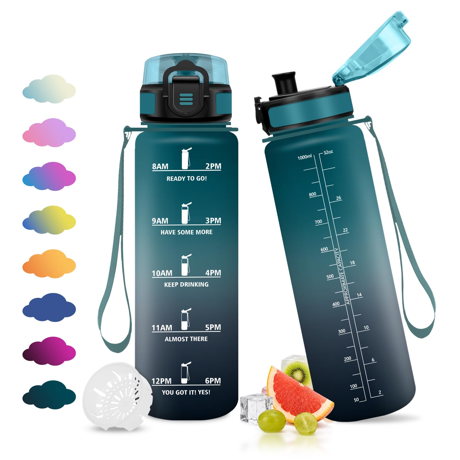 JAPORIA 1L Water Bottle Motivational Water Bottle Time Scale BPA Free Reusable Leakproof Travel Gym Sports