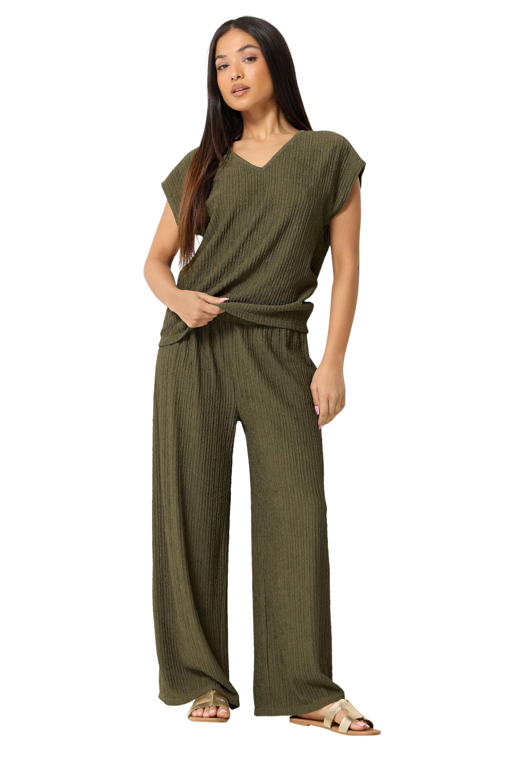 M&Co Petite Green Textured Wide Leg Trousers - Women's