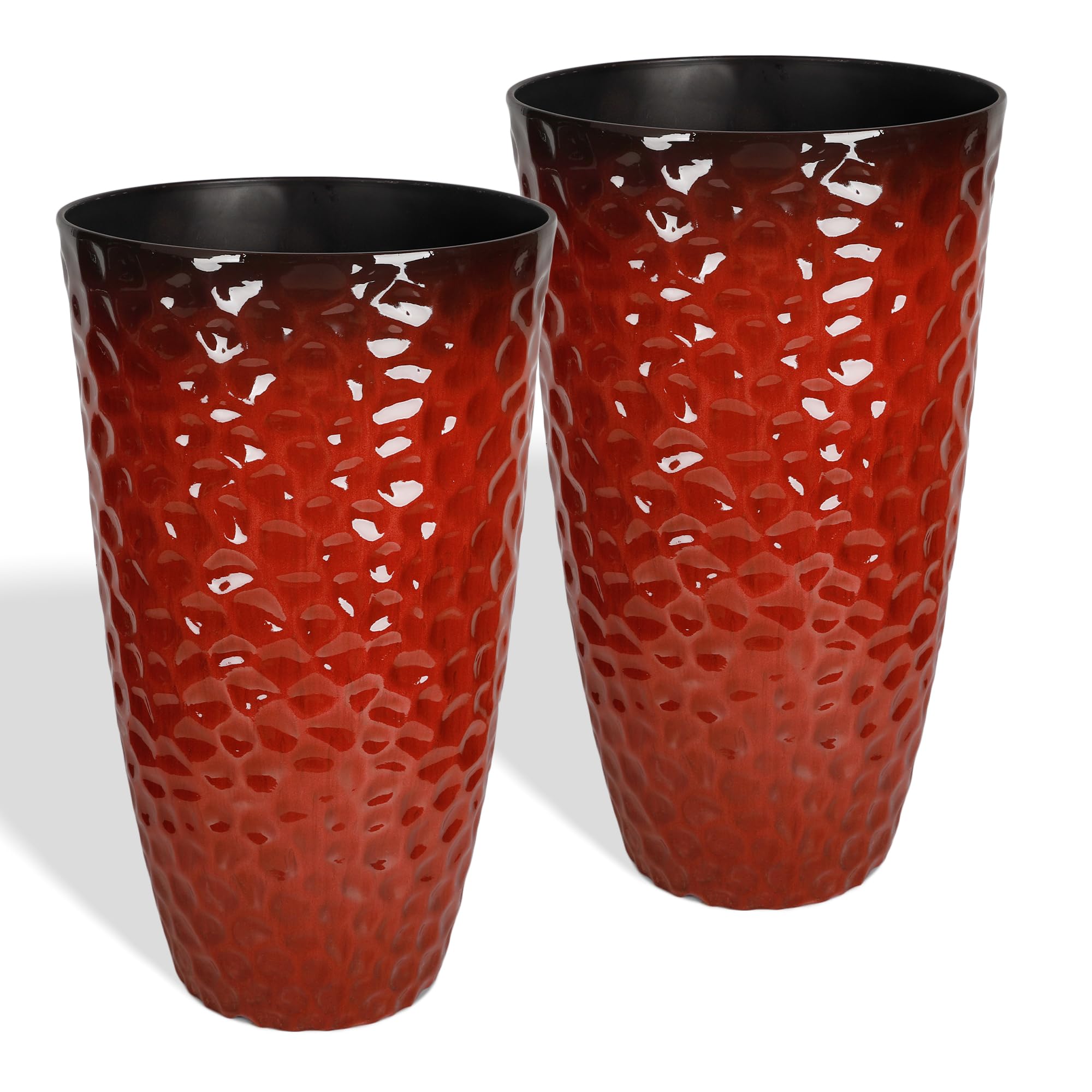 Worth Garden 14" Dia x 24" H Large Plastic Planters with Drainage Hole, Set of 2 Hammered Texture Red Glossy Smooth Finish, Tall Taper Round