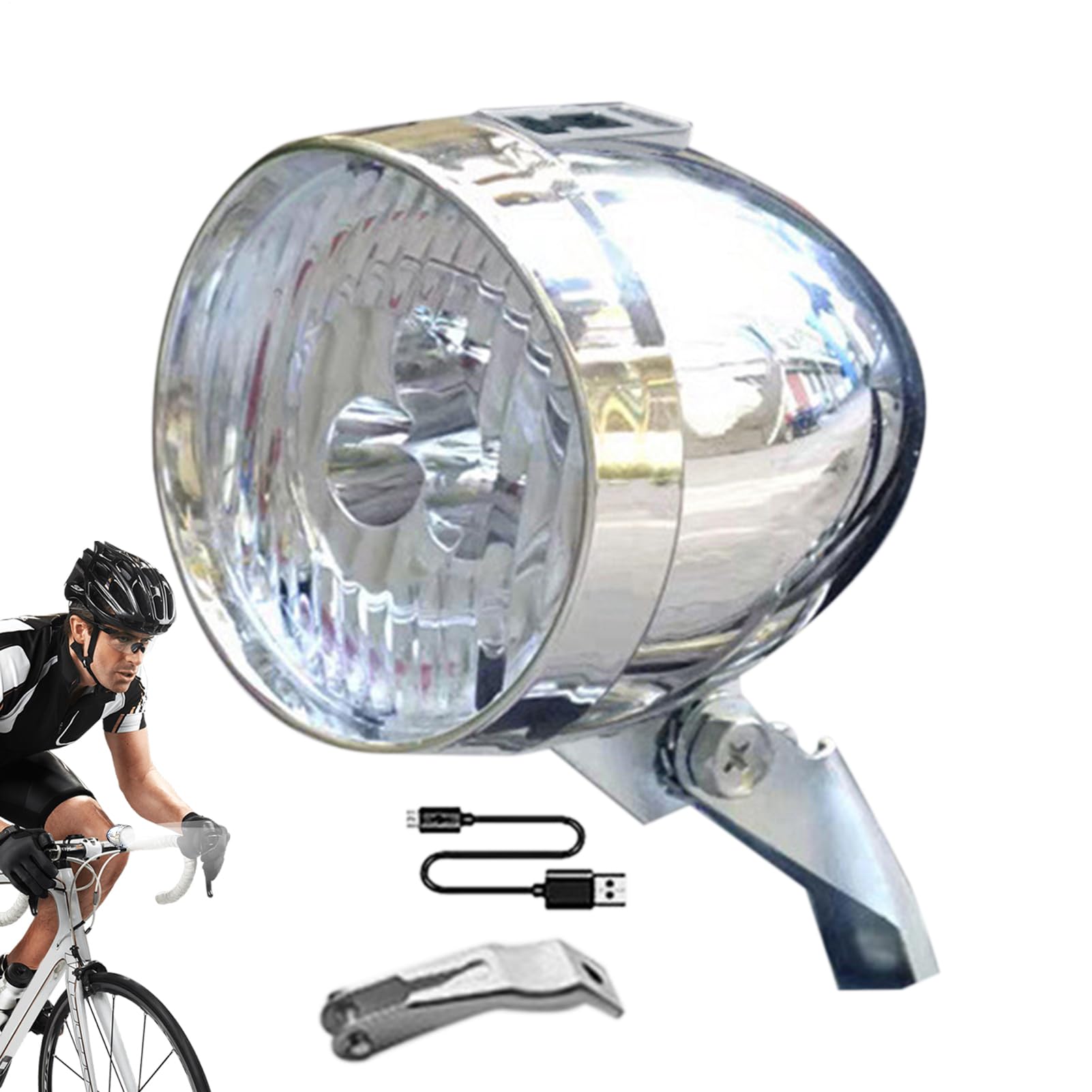 Mountain Bike USB Charging Retro Headlight, Front Lighting Riding Equipment, Strong ABS Material, Lowrider Accessories, Equipped with 3 LED Bulbs, Easy to Carry, for Night Trips