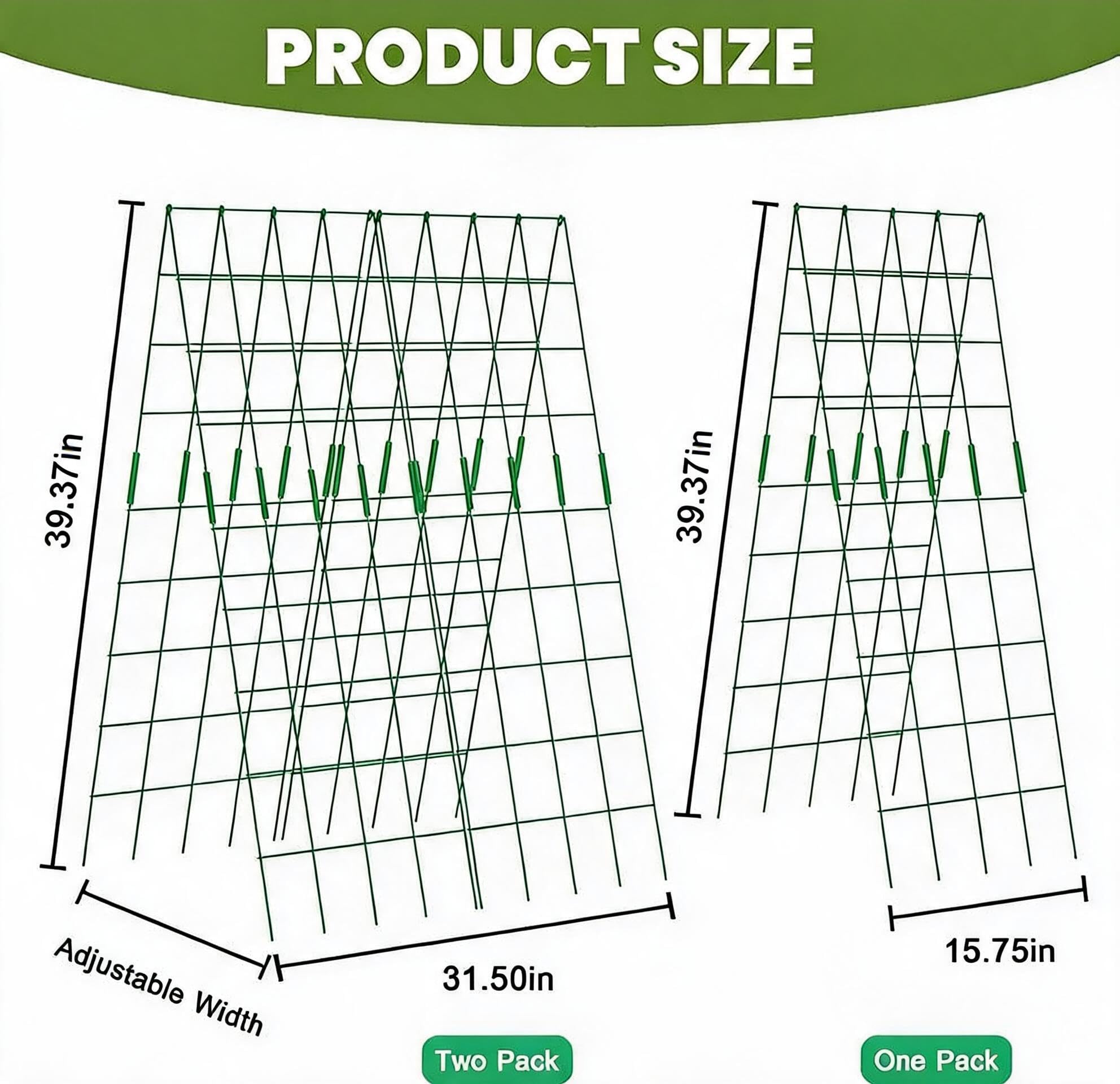 Lot de 2 tuteurs de concombres en forme de A pour plantes grimpantes - Support en métal avec filet de jardin et clips - Largeur réglable - Support de plantes pour fleurs et plantes utiles