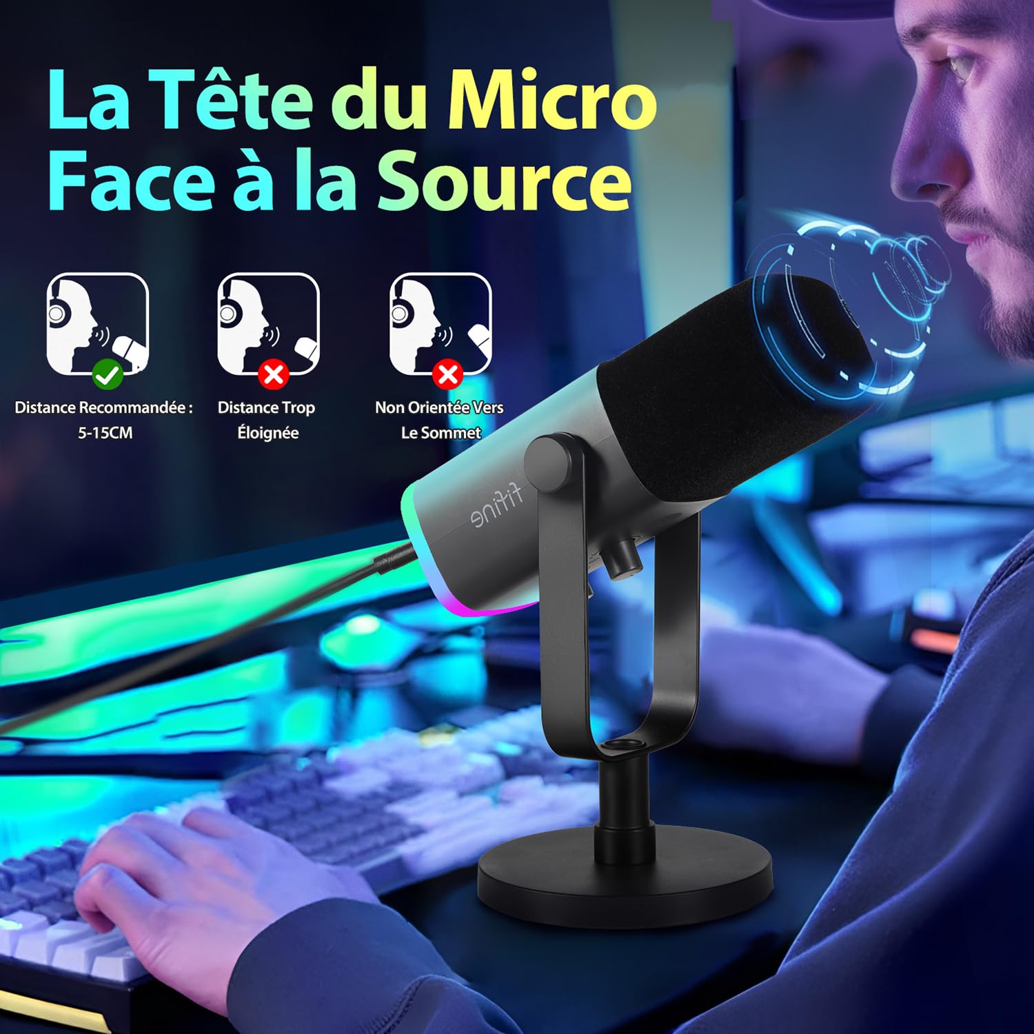 FIFINE USB XLR Gaming Micro Dynamique pour PC, RGB Streaming Microphone pour Podcasting, Broadcasting, Enregistrement Vocal, pour PS4/5 Mac PC Mixer Cartes Son