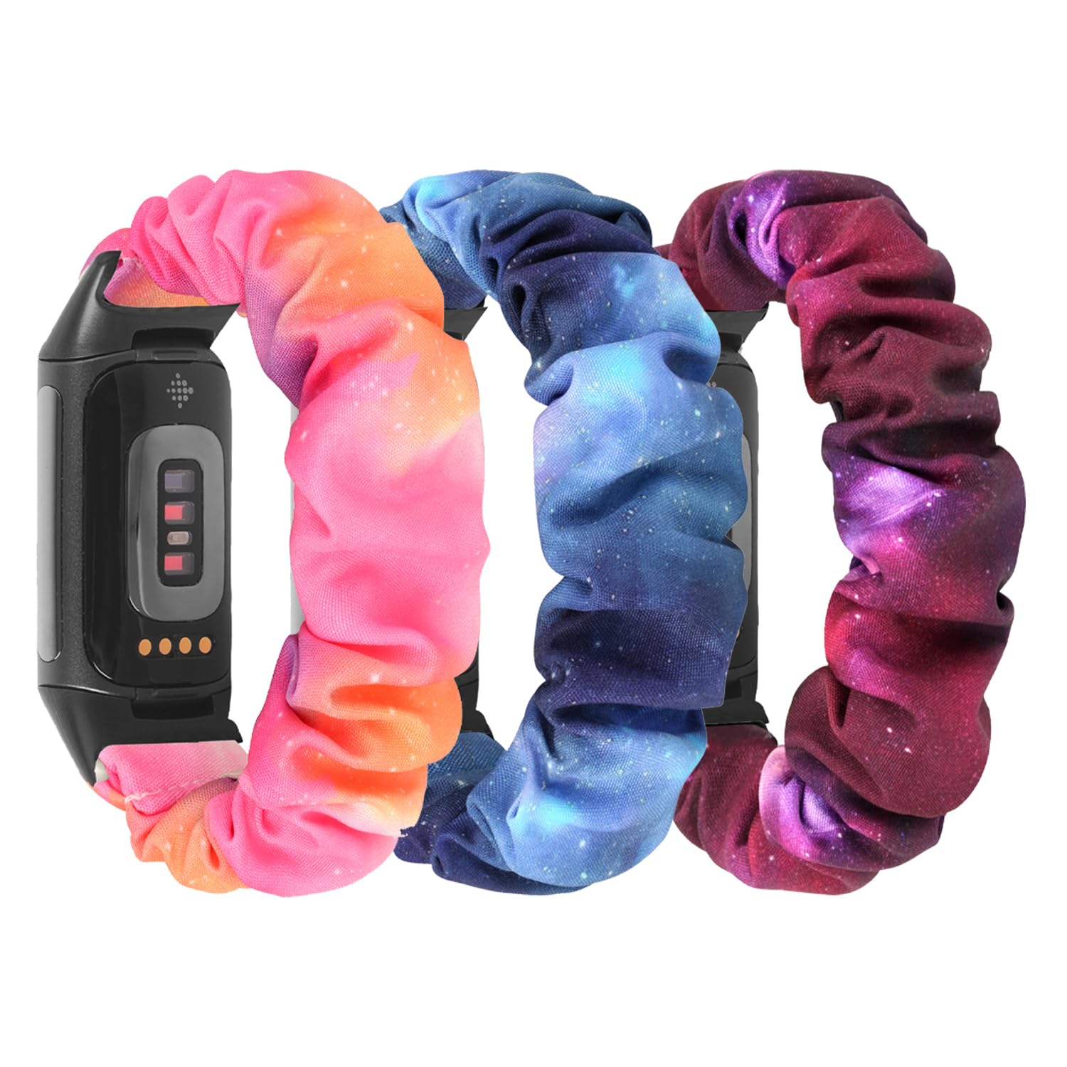 DKGKOO 3 Pack Scrunchie Elastic Strap Compatible with Fitbit Charge 5/ Fitbit Charge 6 Strap, Soft Fabric Cloth Cute Sport Replacement Band for Women (Purple Stars + Blue Stars + Pink Stars, L)