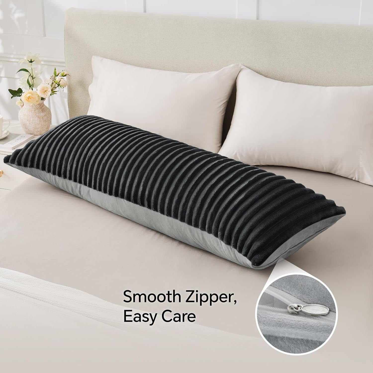 BEDELITE Fluffy Faux Fur Body Pillow Cover with Zipper, Luxury Plush 3D Striped Pillow Cover 20x54 Inches, Super Soft and Cozy Long Body Pillow Pillowcase for Bed Sofa Couch Room Decor(Black Grey)