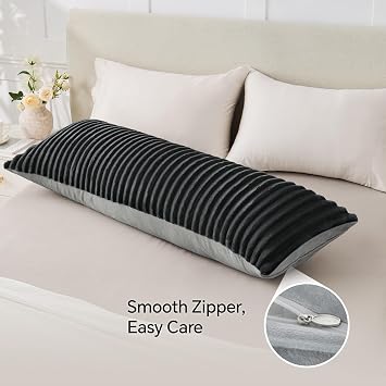 BEDELITE Fluffy Faux Fur Body Pillow Cover with Zipper, Luxury Plush 3D Striped Pillow Cover 20x54 Inches, Super Soft and Cozy Long Body Pillow Pillowcase for Bed Sofa Couch Room Decor(Black Grey)