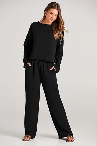 Miniatura 8 de PRETTYGARDEN Conjunto de 2 piezas para mujer, ropa deportiva casual de lino de manga larga y pantalones de pierna ancha para mujer