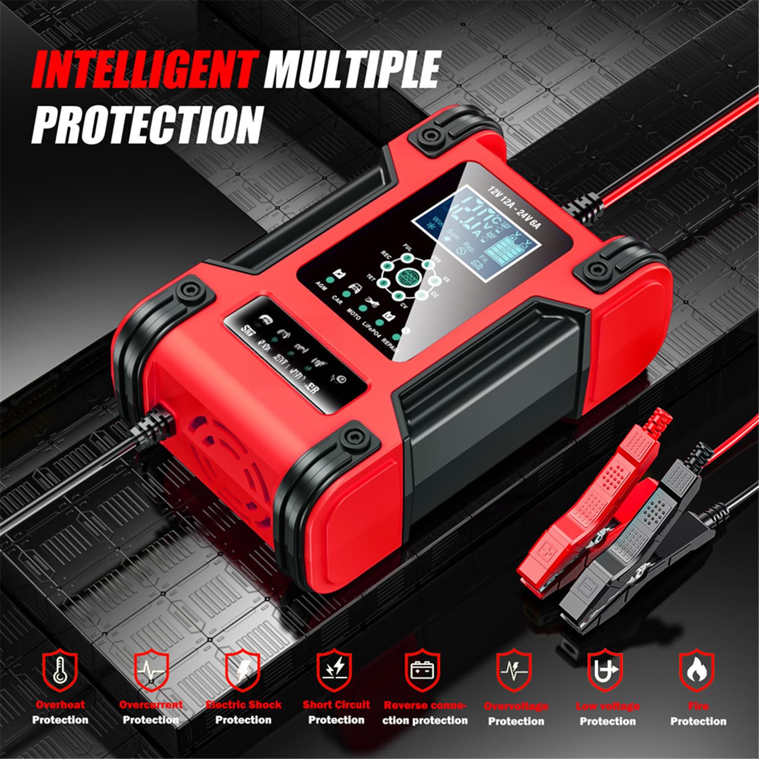 Cargador de batería 7 etapas con botón Pantalla Digital Grande protección múltiple y Modo reparación 100-240V para Coche SUV RV Motocicleta camión yate