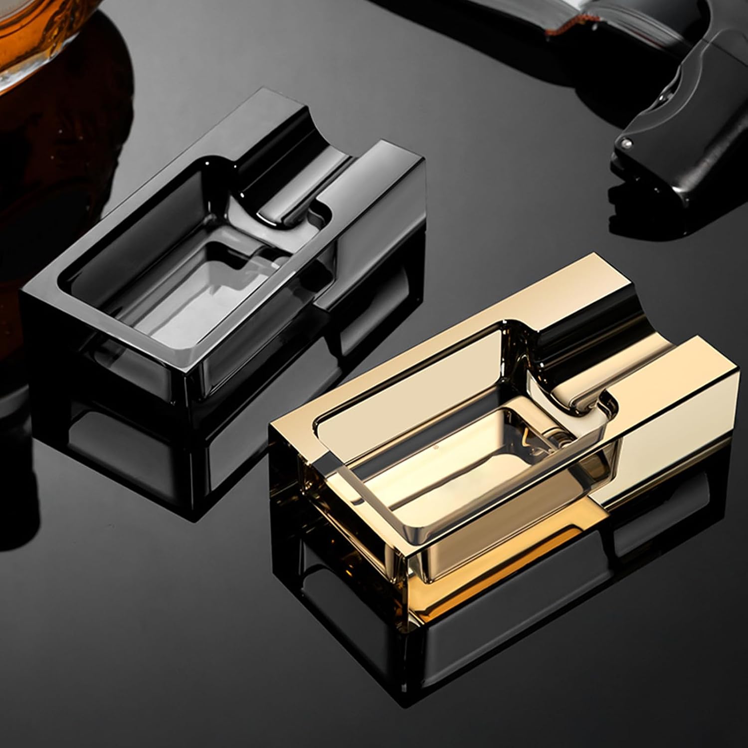 Cigar Ashtray Square Crystal Glass Large Slot Durable Cigarettes Ash Holder for Home,Office, Patio, Bars Et (Gold)