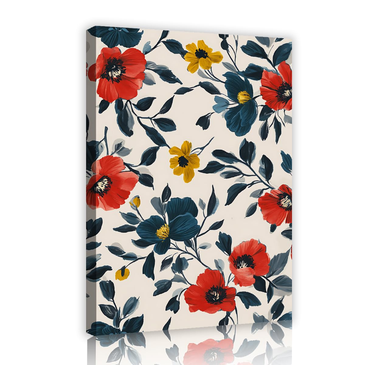 TOANGWALL Elegant Red Poppy Framed Canvas Wall Art Modern Navy Blue Yellow Floral Botanical Wallpaper Background Picture Gallery Wrapped Poster for Living Room Kitchen Decor 80x120cm