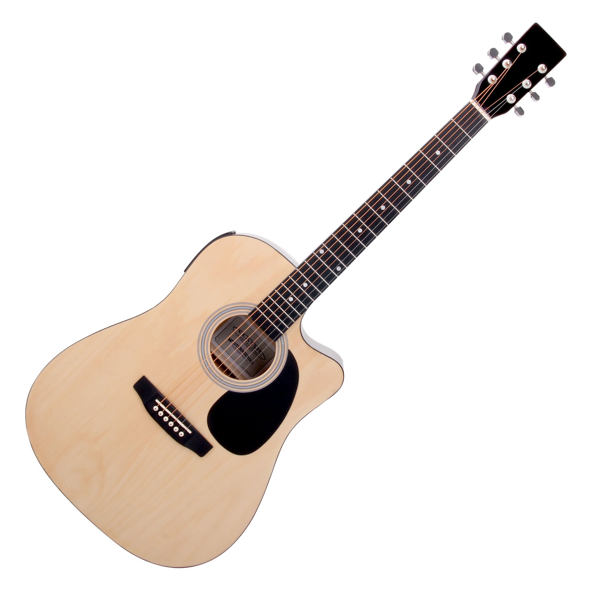 Classic Cantabile WS-10NAT-CE Westerngitarre mit Tonabnehmer Starter-Set (Dreadnought-Style, Cutaway, 6 Saiten, 20 Bünde, inkl. Zubehörset, Gitarrentasche, Notenheft, Saiten, Plektren) natur