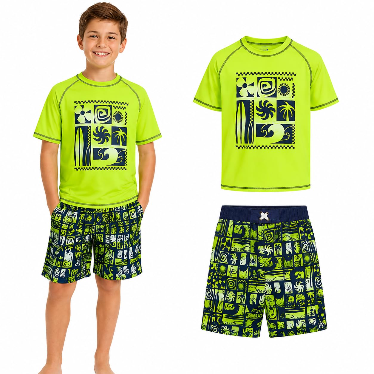 Quad Seven Boys 2-Piece Rash Guard Swimsuit Set Short-Sleeve (Sizes 5-12) | Lightweight Quick-Dry Fabric with Sun Protection, Matching Top &amp; Trunks, Adjustable Drawstring Waist for Pool or Beach Days