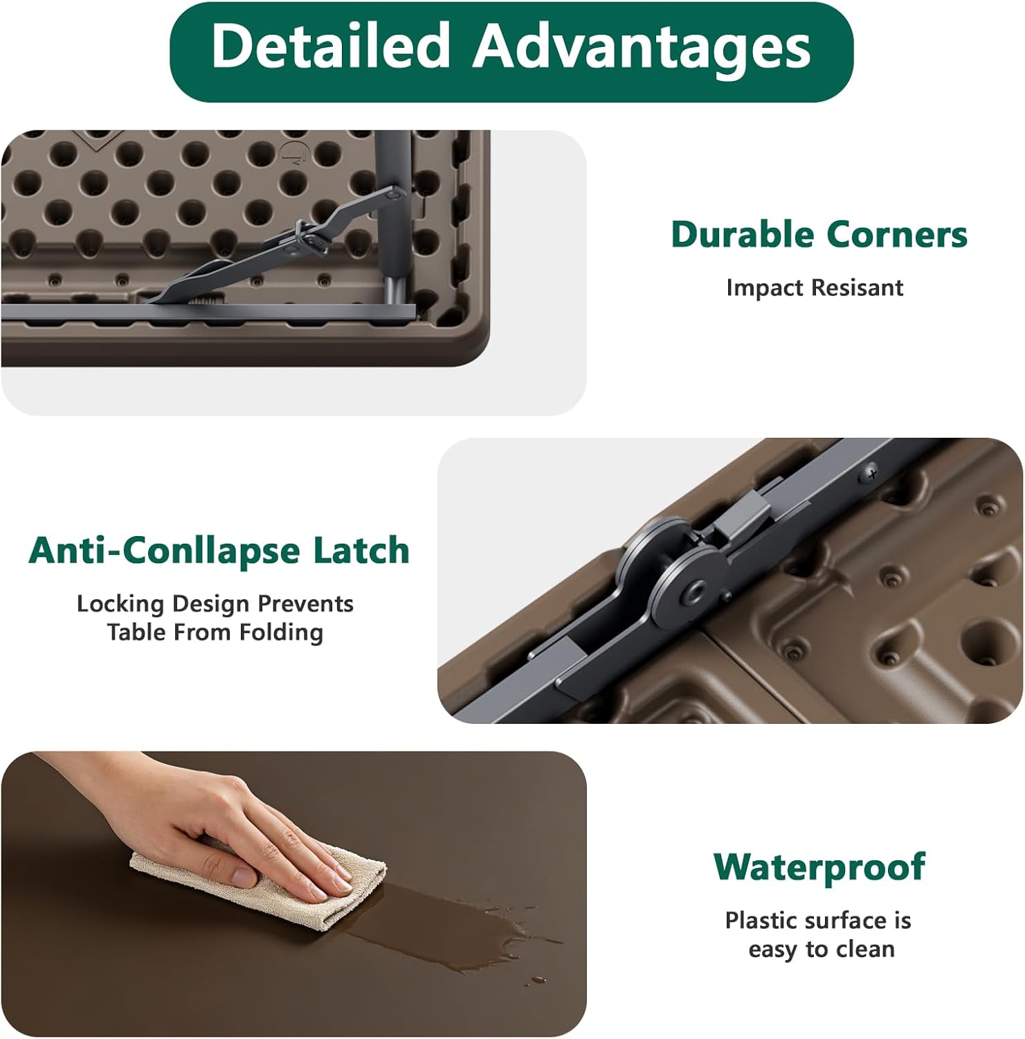 Folding Table 4FT Heavy Duty Plastic Table with Handle, Foldable&Portable, Fold-in-Half Utility Tables for Outdoor, Dining, Wedding, Events, Indoor, Picnic, Camping, Party, Brown