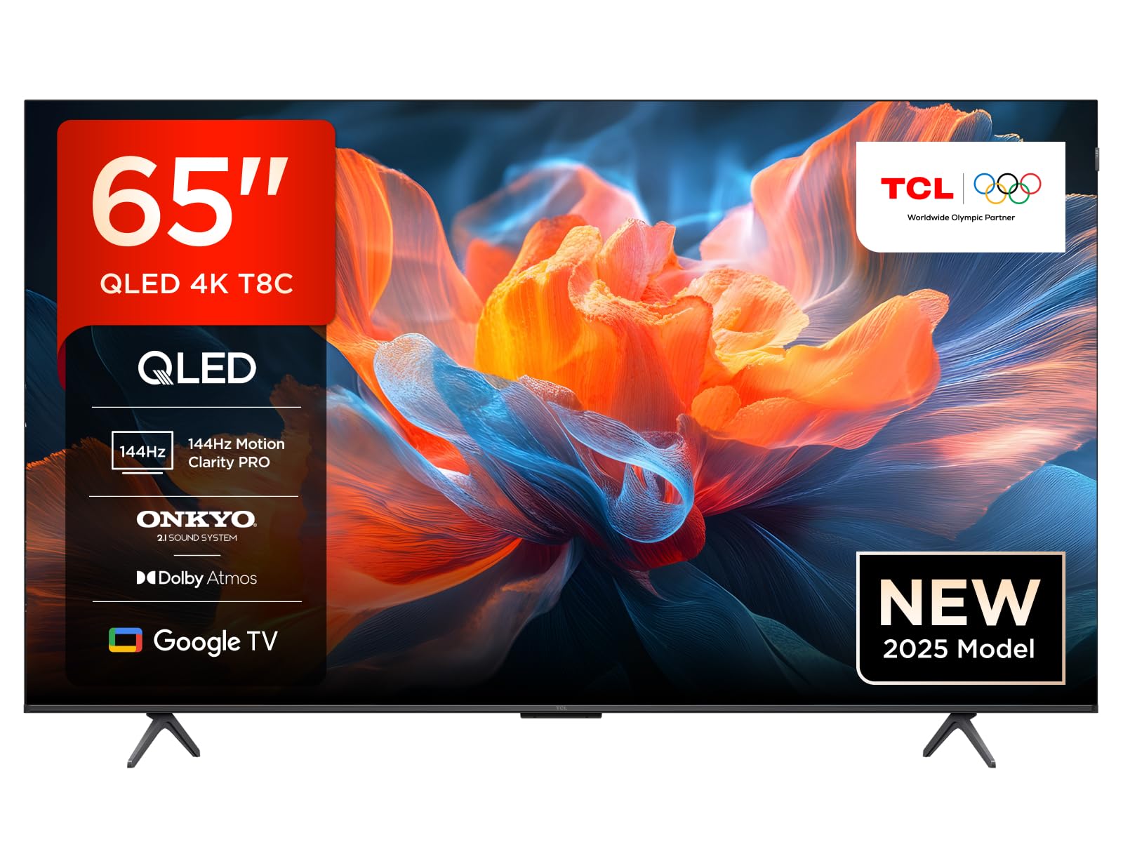 TCL 65T8C TV QLED 4K HDR Ultra HD da 65'', QLED TV con tecnologia Google TV (Dolby Vision e Atmos, Motion Clarity Pro a 144 Hz, FreeSync, audio Onkyo 2.1, compatibile con Google Assistant)