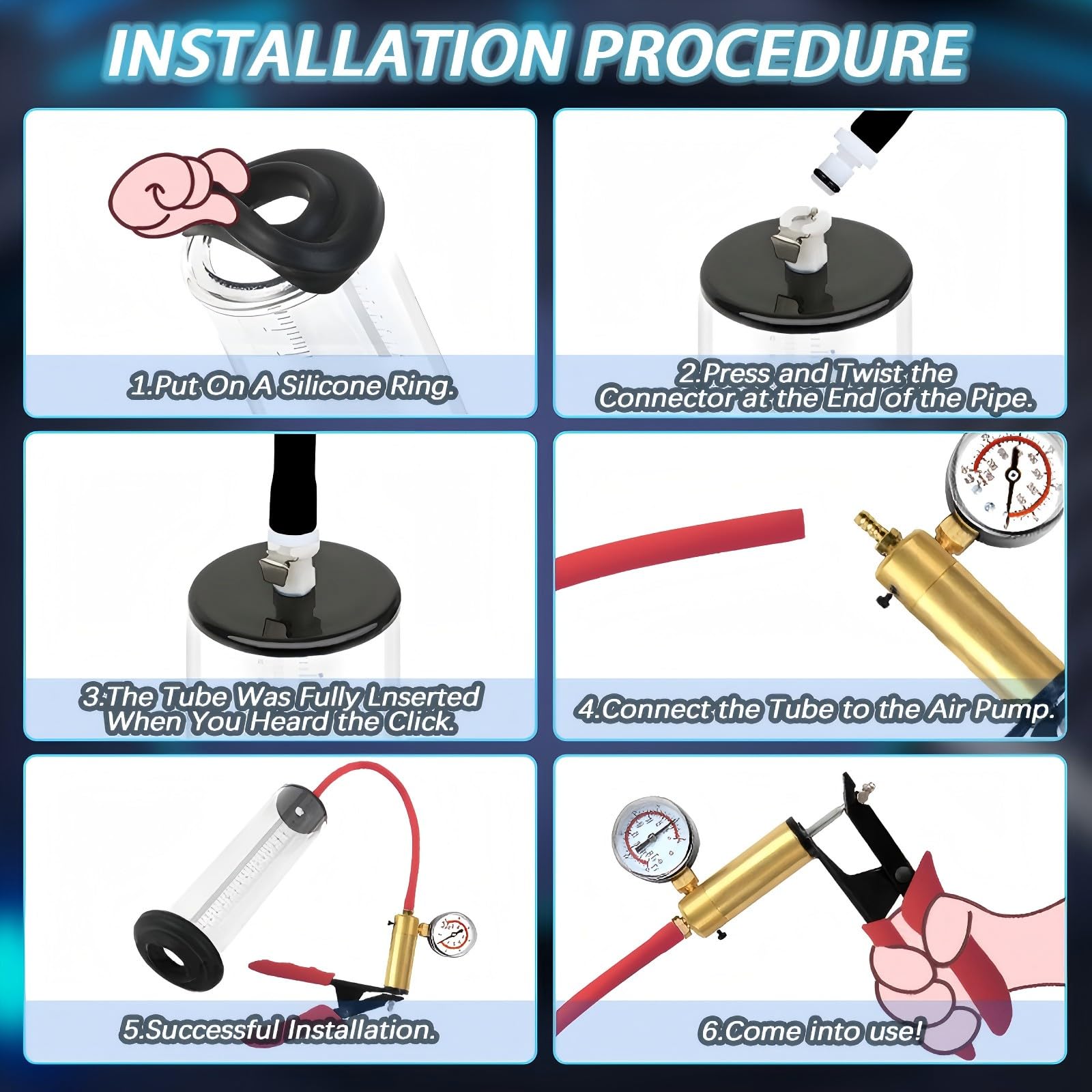 Penispumpe Sexspielzeug Manuelle Penies Pump mit 6 Penisringen Penis Extender mit Manometer und Skala Vakuumpumpe für den Mann mit Metallgriff Penis Pumpe für Pension Vergrößerung (6.35cm)