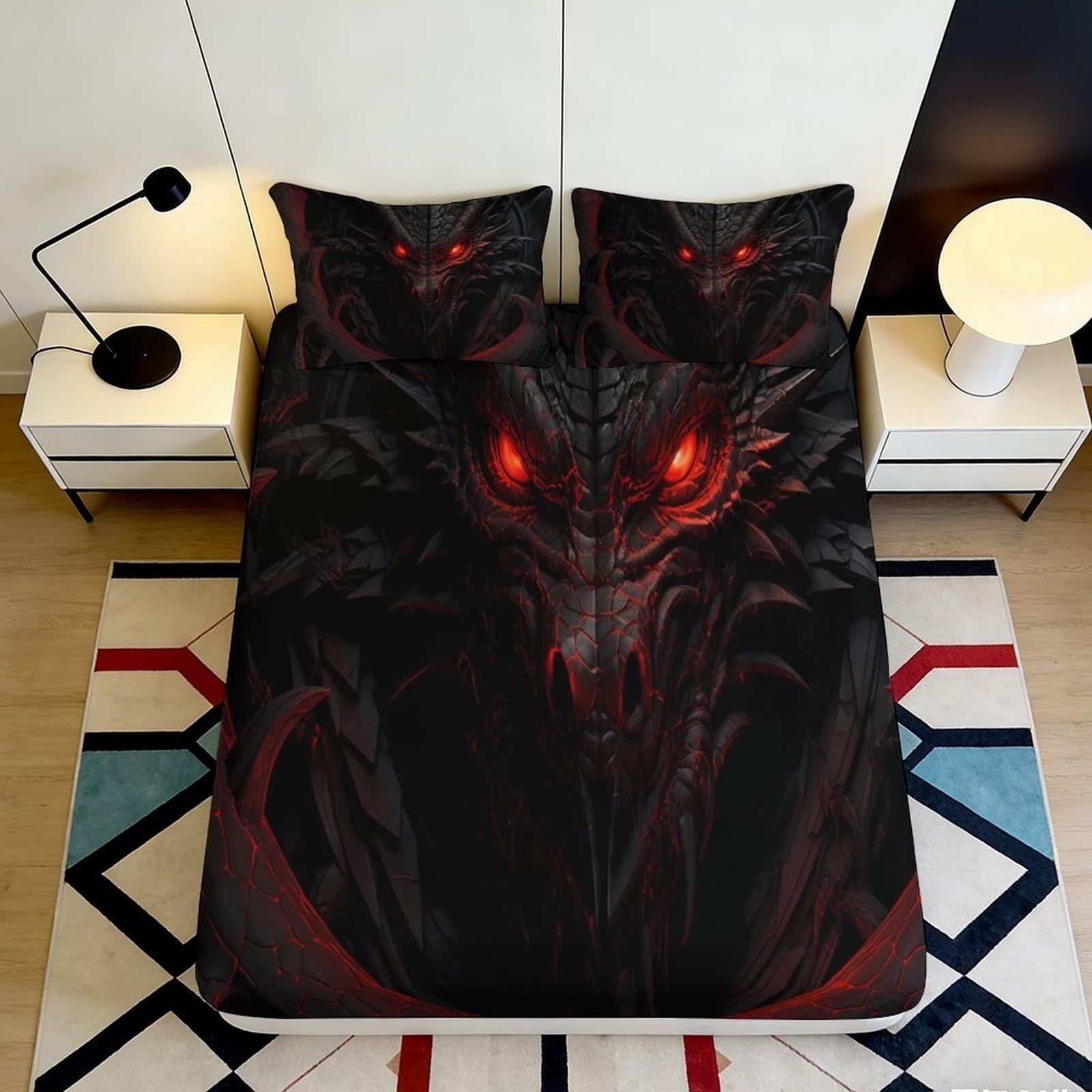 3D Printed Dark Dragon Fitted Sheet Microfiber Soft Breathable Fiery Eyes Bed Cover for Bedroom Dormitory Guest Room Mattress Protection Decor 200x200x25cm