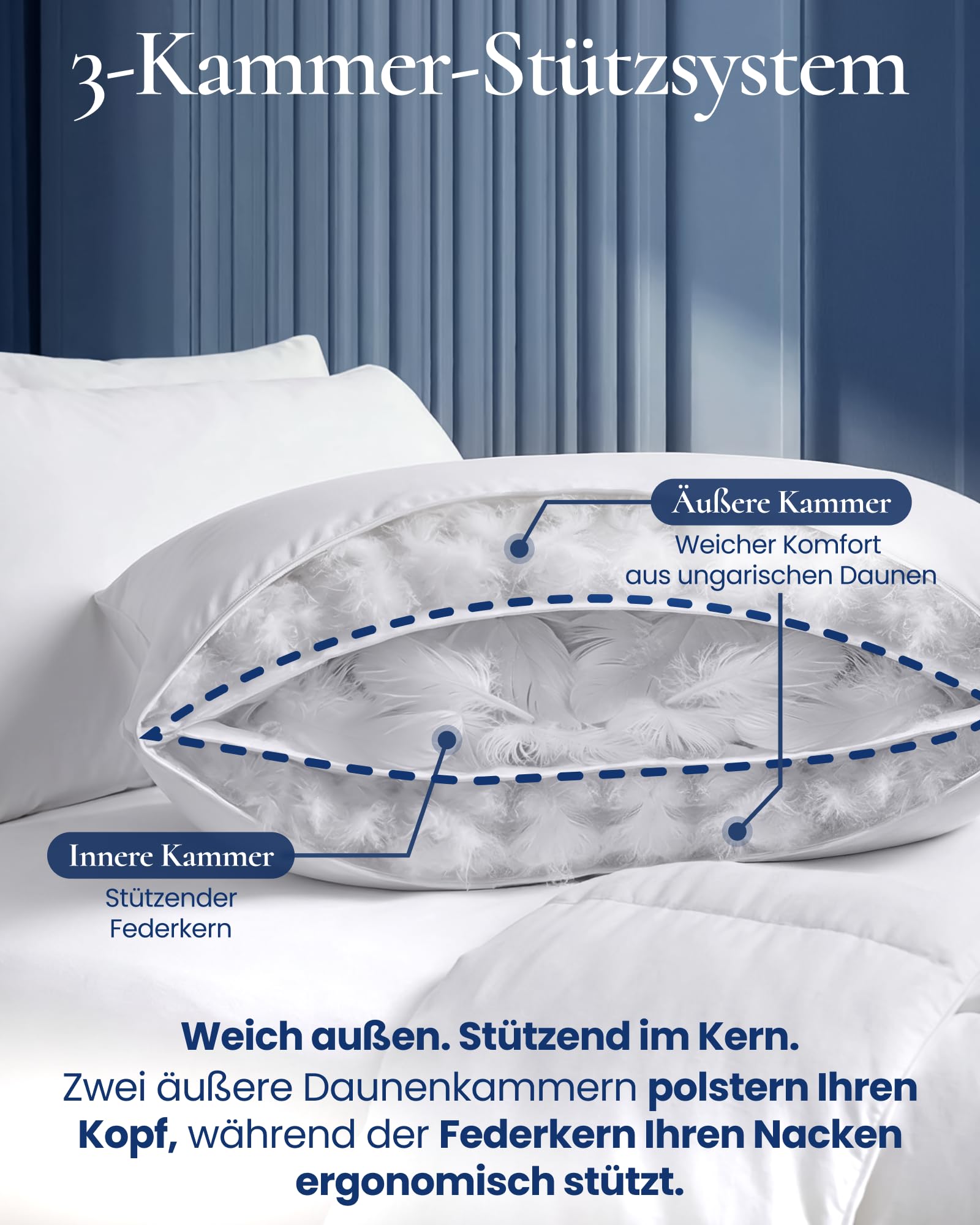 Aura® 3-Kammer Kopfkissen 80x80 – Daunenkissen mit 90% ungarischen Daunen Klasse I, mittelfest, OEKO-TEX®, 100% Baumwolle, für Allergiker geeignet