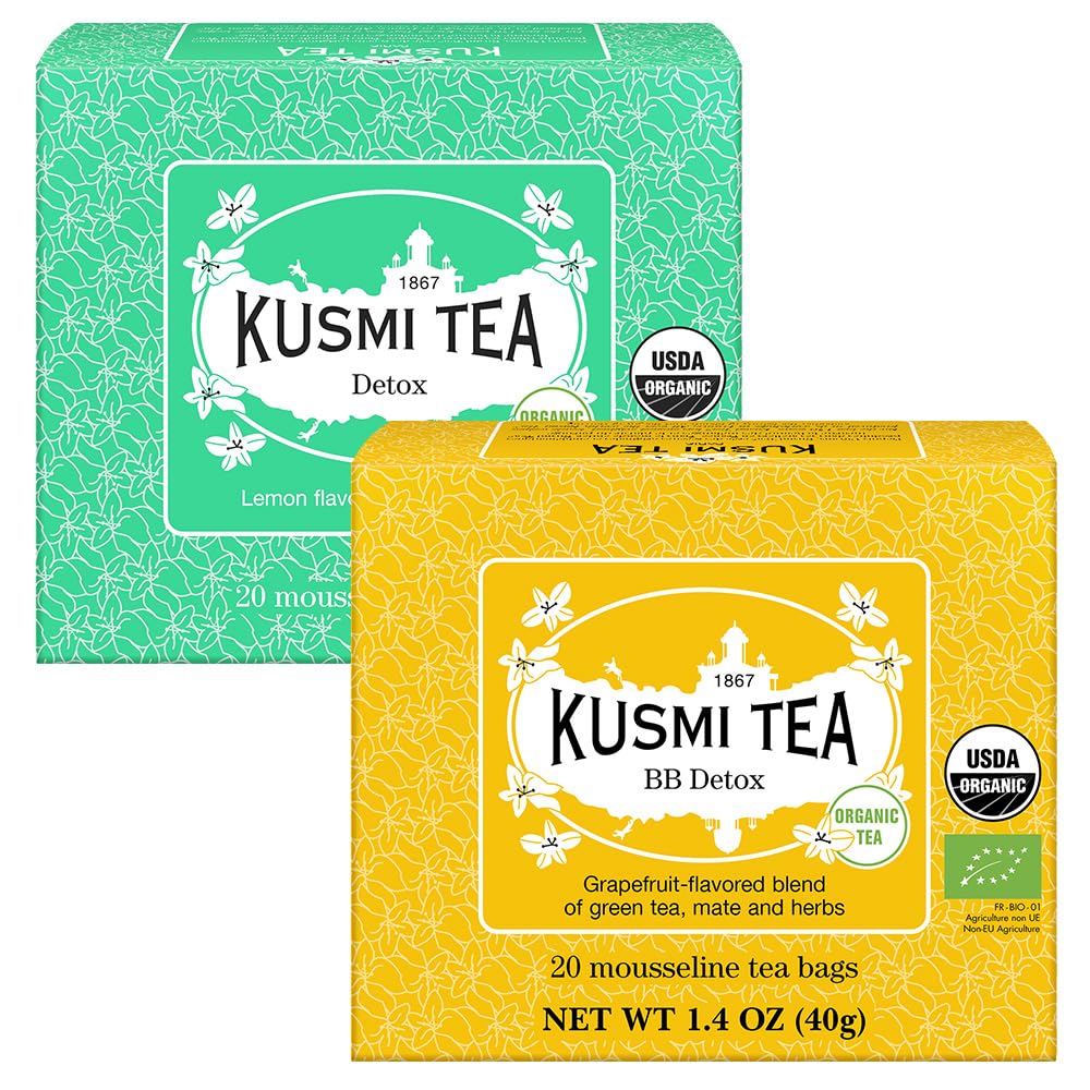 Kusmi Tea - BB Detox + Detox - Set of 2 boxes - 2 Green Tea, Mate, Herbal and Lemon and Grapefruit Flavored Blends - To be enjoyed Hot or as Iced Tea - 2x20 Tea BagsUSDA OrganicEU Organic
