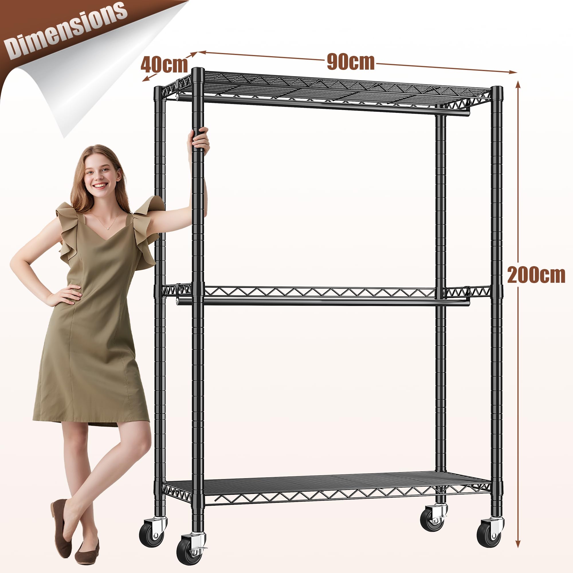 90 * 40 * 200cm Portant à Vêtements Solide à Roulettes avec Plateaux | 90 * 40 * 200 cm, hauteur modulable, charge maximale 200 KG, penderie vêtement dressing avec étagères réglables, noir