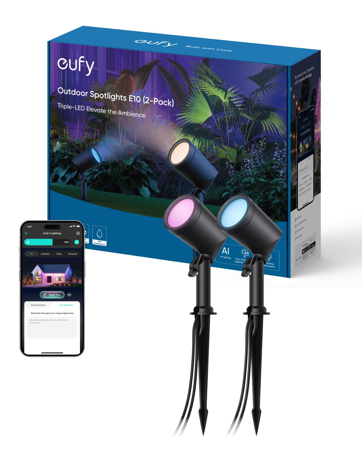 eufy Outdoor Spotlights E10, 2-Pack, Smart Wired RGBWW LED Landscape Lights, 500lm, IP65 Waterproof for Yard Work with Alexa