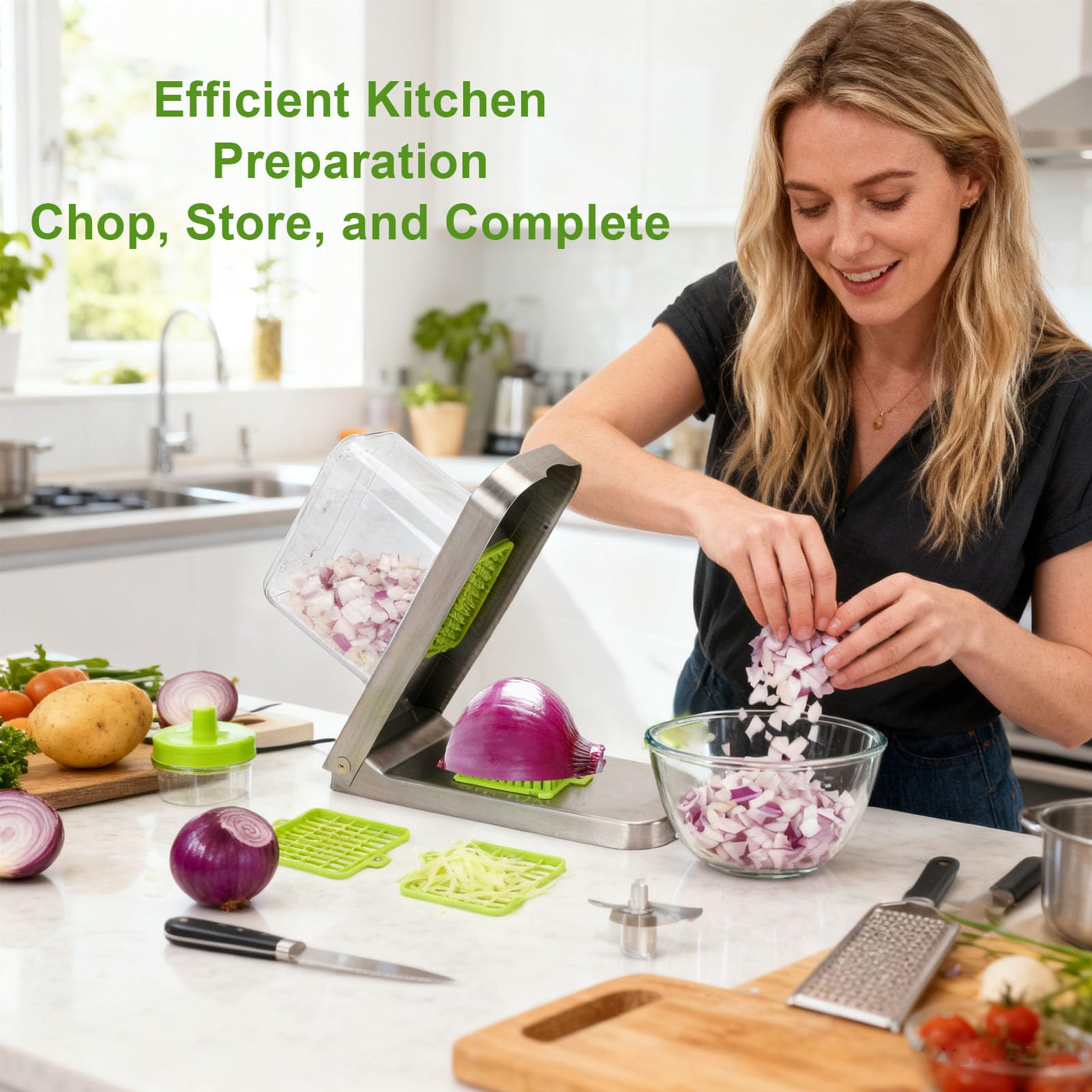 Focket Picadora de Verduras, Picadora Manual de Alimentos con Recipiente y Cuchillas de Acero Inoxidable, Rebanadora y Cortadora de Mandolina, para Ensalada, Papa, Zanahoria Ajo