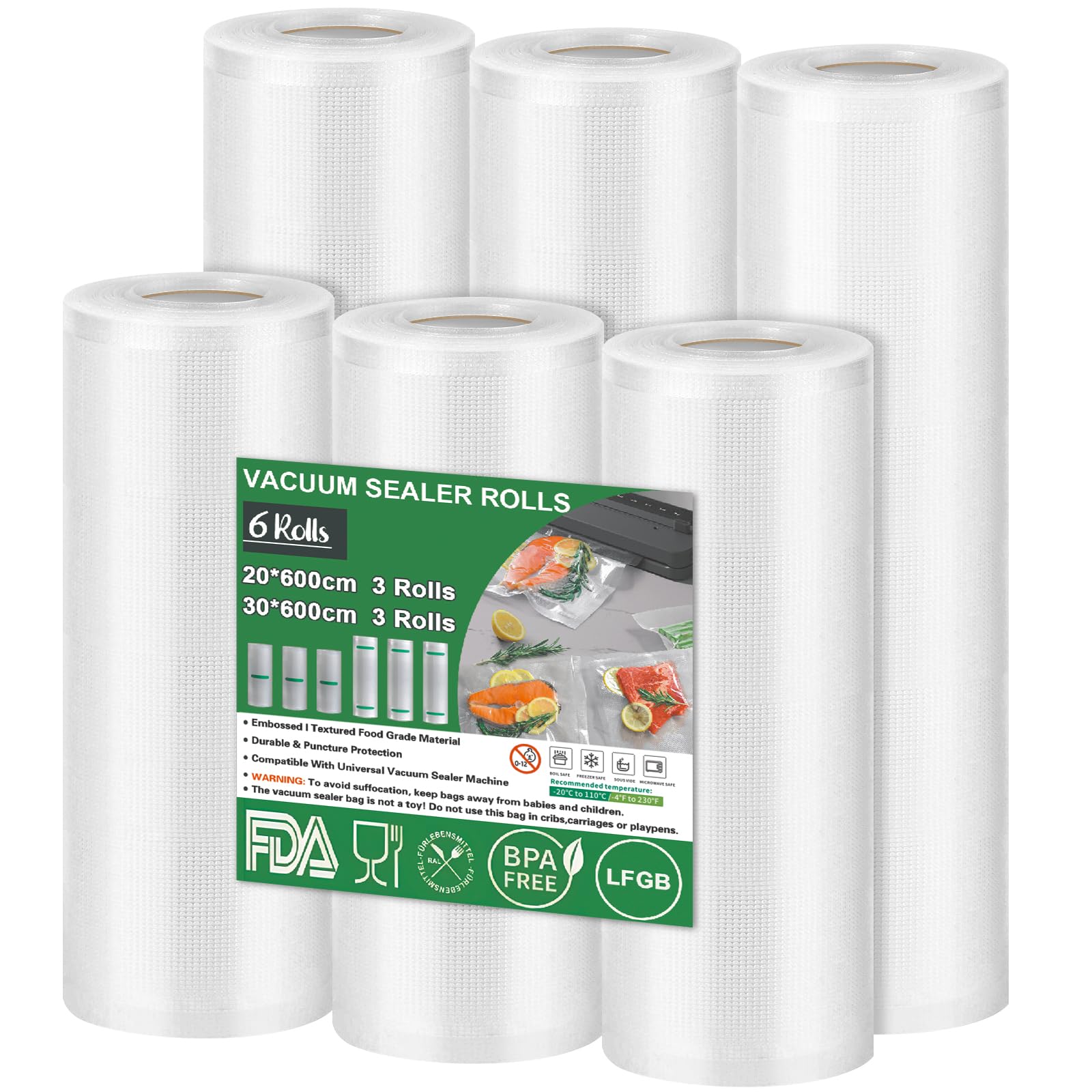 Sacchetti per Sottovuoto, 6 Rotoli 20/30x600cm (36m) Termosigillabile Buste Sottovuoto Alimenti per Macchina e cottura Sous Vide Senza BPA