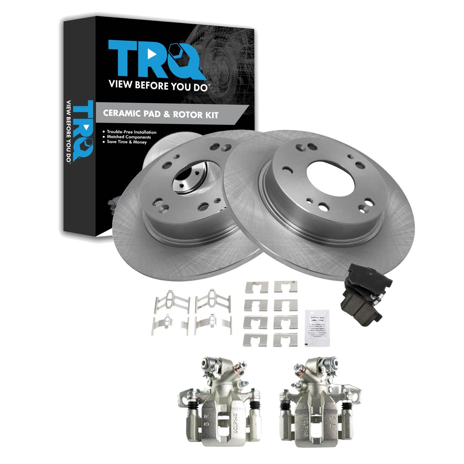 TRQ Rear Brake Pad and Rotor Set Ceramic Solid Rotors Calipers