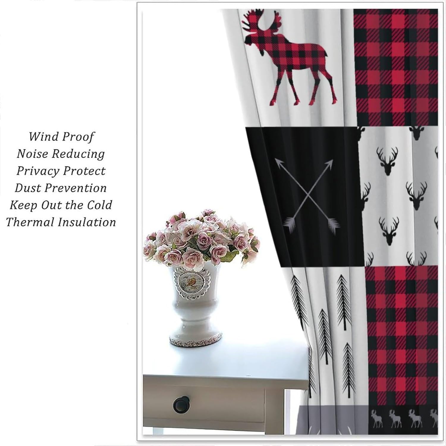 Red White Plaid Curtain,Retro Deer Bear Farm Animal Geometric Abstract Window Treatment Curtains for Dining Room Living Room Kitchen Cafe Bedroom Office Drapes, 72x63 in