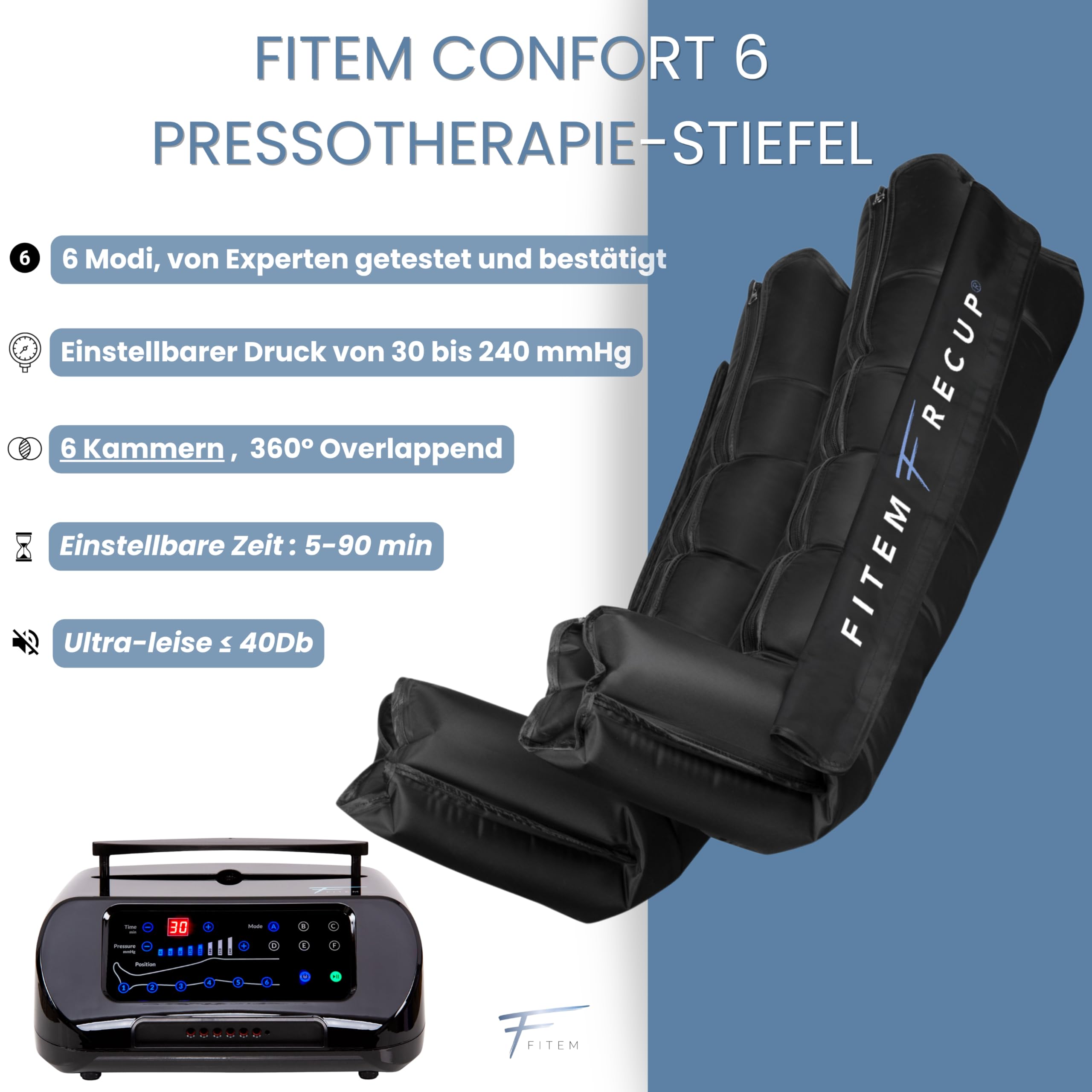 Fitem Pressotherapie-Stiefel mit 6 Programmen – 6 Kammern – Tiefenmassage für Beine, Füße – Lymphdrainage, schwere Beine, Ödem, Lymphödem, Lipoödem, Cellulite, Erholung beim Sport (L) | 6 Massagemodi, Massage für Beine & Füße, Lymphdrainage, schwere Beine