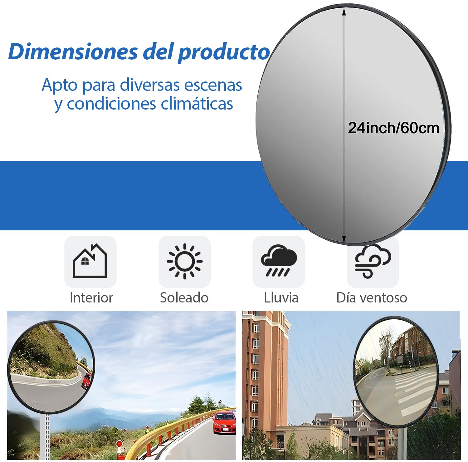 Espejo convexo negro de 60 cm – Espejo de tráfico ajustable para interior y exterior – Espejo acrílico gran angular para garaje, entrada, calle, almacén y oficina (60 cm negro)