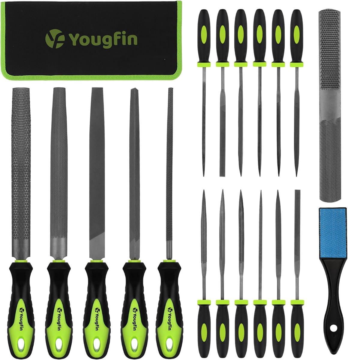 19 pcs File Set, Includes 5 pcs Large Steel Files, 12 pcs Jewelers File Set and Wire Brushes Ideal Hand File Tools for Woodwork, Metal, Model Applications