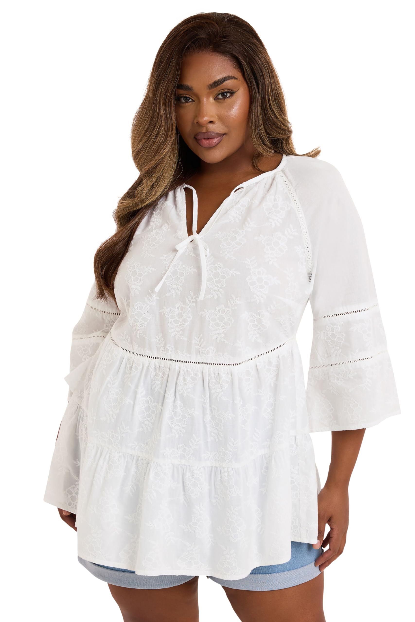 Yours Women's White Curve Embroidered Tie Front Smock Blouse - Plus Size Curve