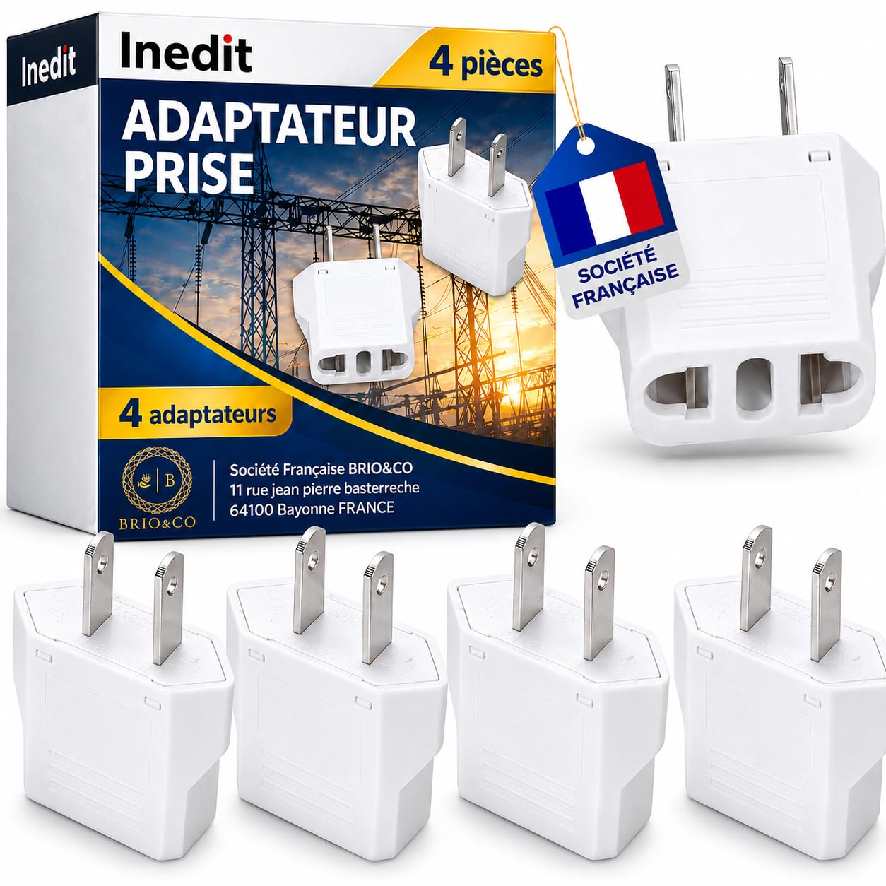 4 x Adaptateur Prise USA/Canada/Japon/Mexique/Thailande - Très Utile pour Voyager - Adaptateur Facile A Transporter - Design Compact et Léger (Blanc)