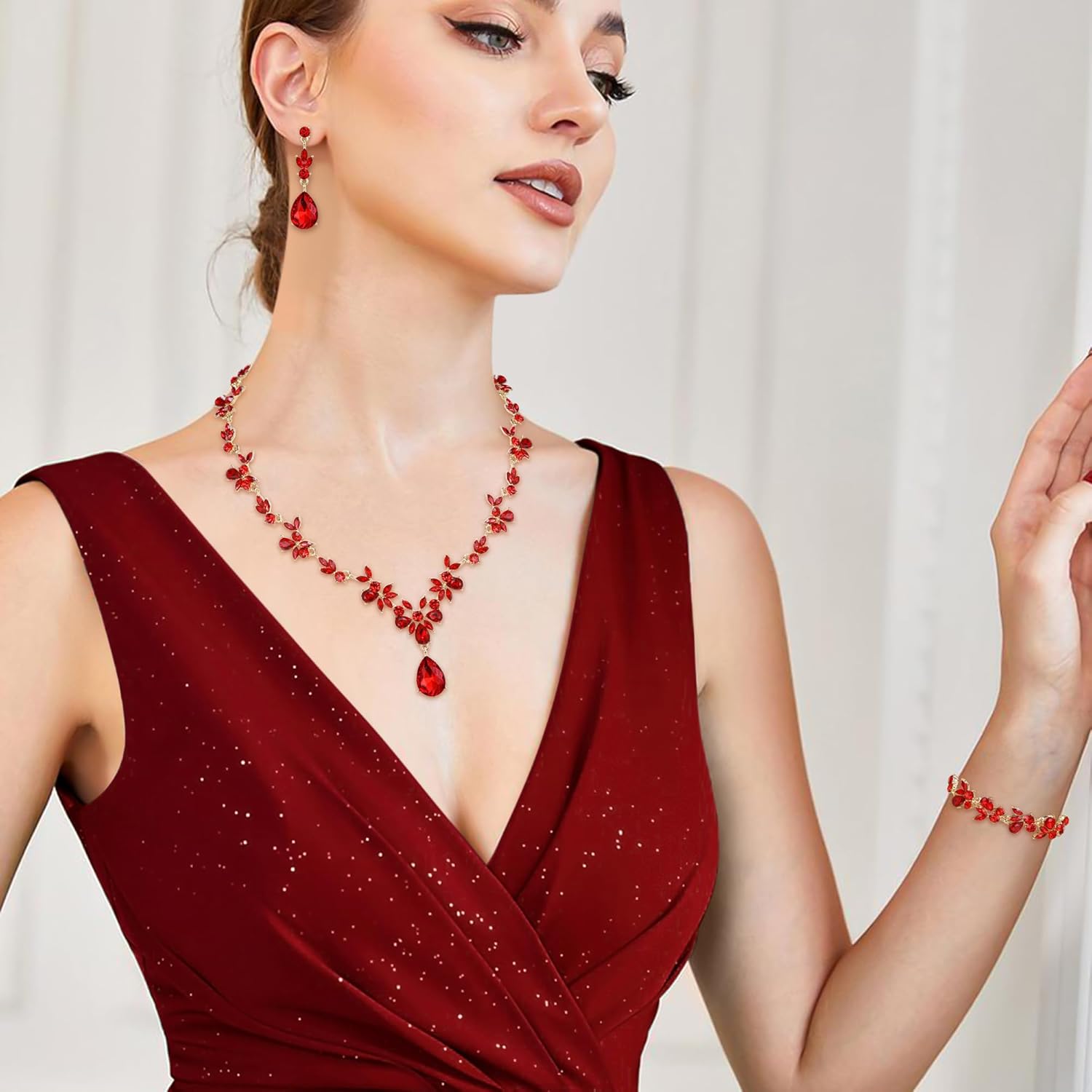 Crysdue Wedding Jewelry Set for Women Bride Bridesmaid, Stunning Marquise Rhinestone Crystal Floral Leaf Vine Pendant Necklace Dangle Earrings Bracelet for Prom Party - Image 2