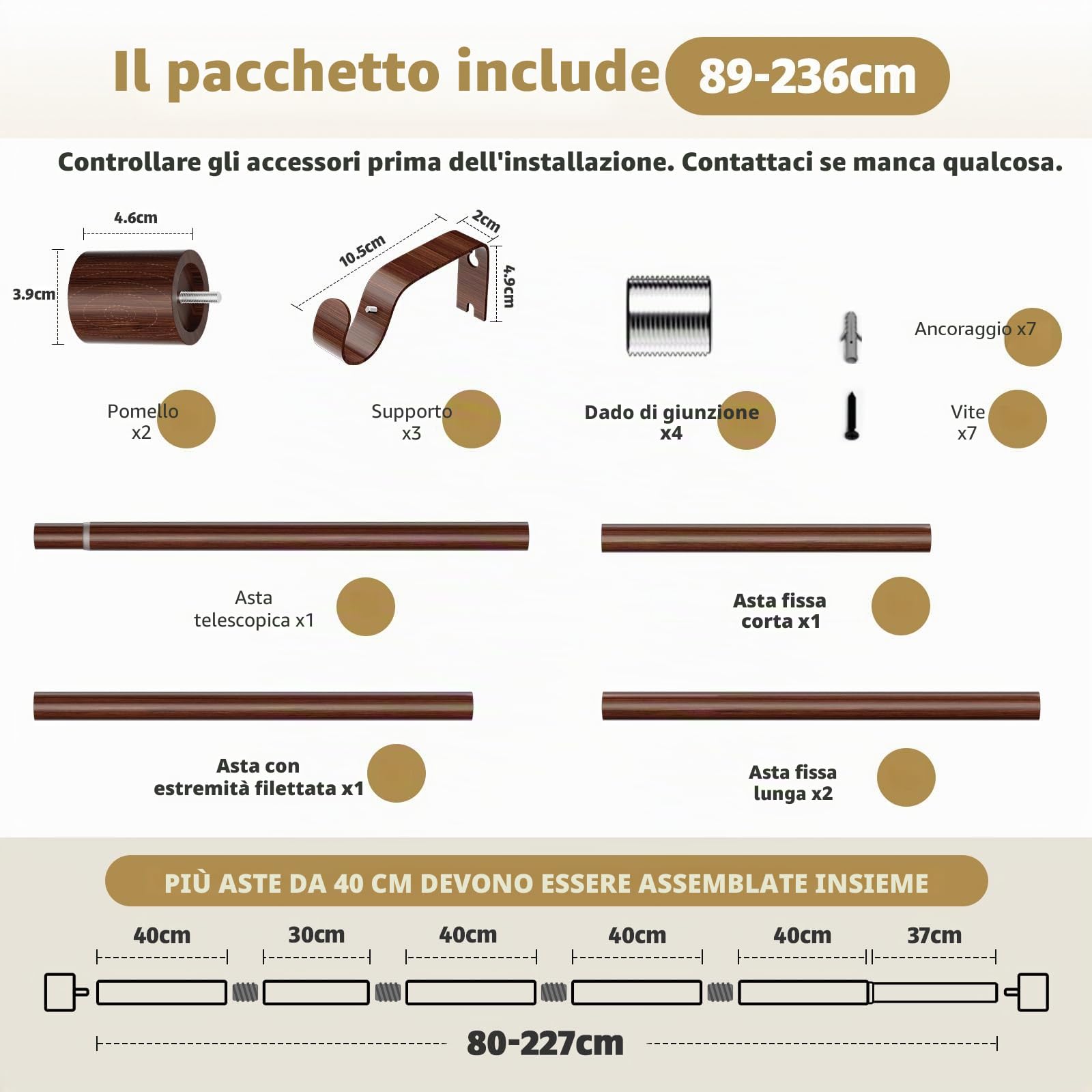 Asta per Tenda Effetto Legno, 89-236cm, Asta Estensibile in Metallo da 25mm di Diametro con Texture a Effetto Legno Marrone, Asta per Tenda in Legno per Finestra o Porta