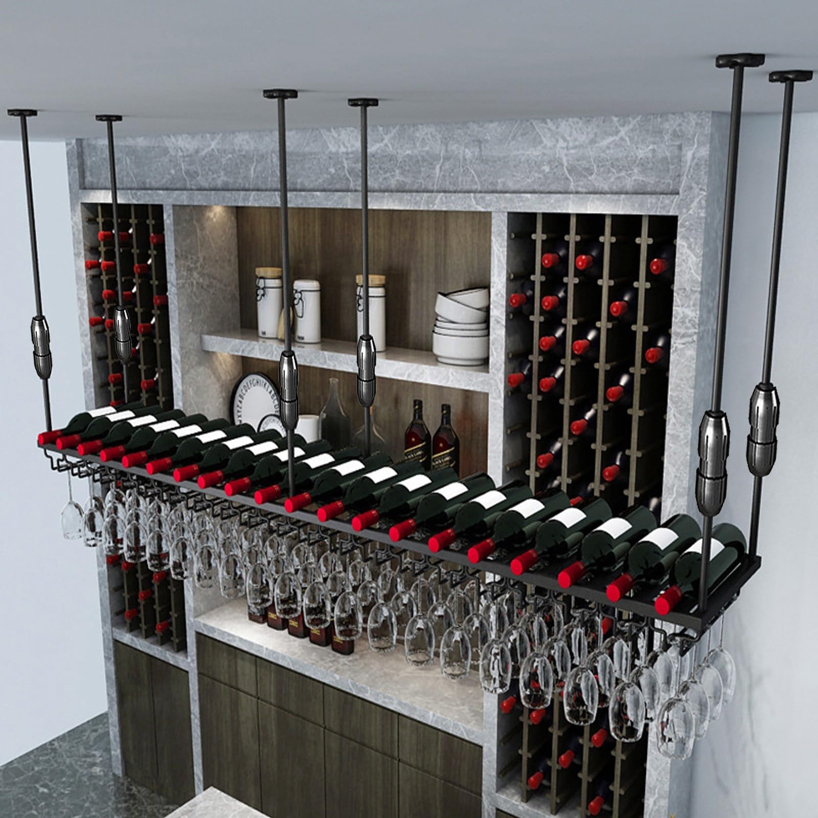 SAGIDAR Soporte Colgante para Copas, Colgador De Almacenamiento De Copas, 60cm-200cm, Estante para Vinos De Techo, Diseño Ajustable, Copas Estante De Exhibición, Puede Contener Varias Copas