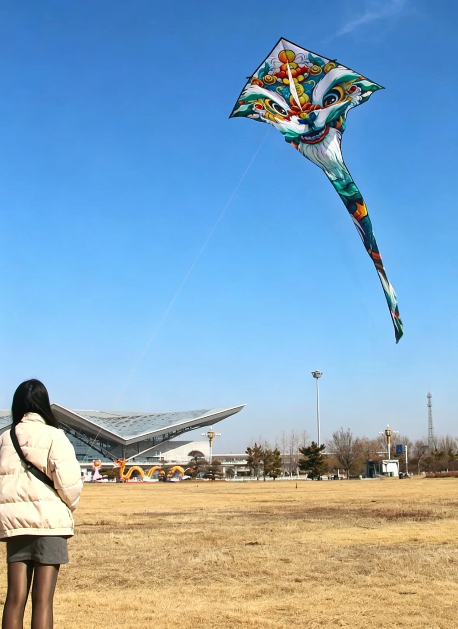 Cometa De León Chino Grande para Adultos, De Una Sola Línea con Enrollador, Postes De Resina Y Tela De Rejilla, Juguete Volador Gigante Al Aire Libre(String 700m/2296ft)