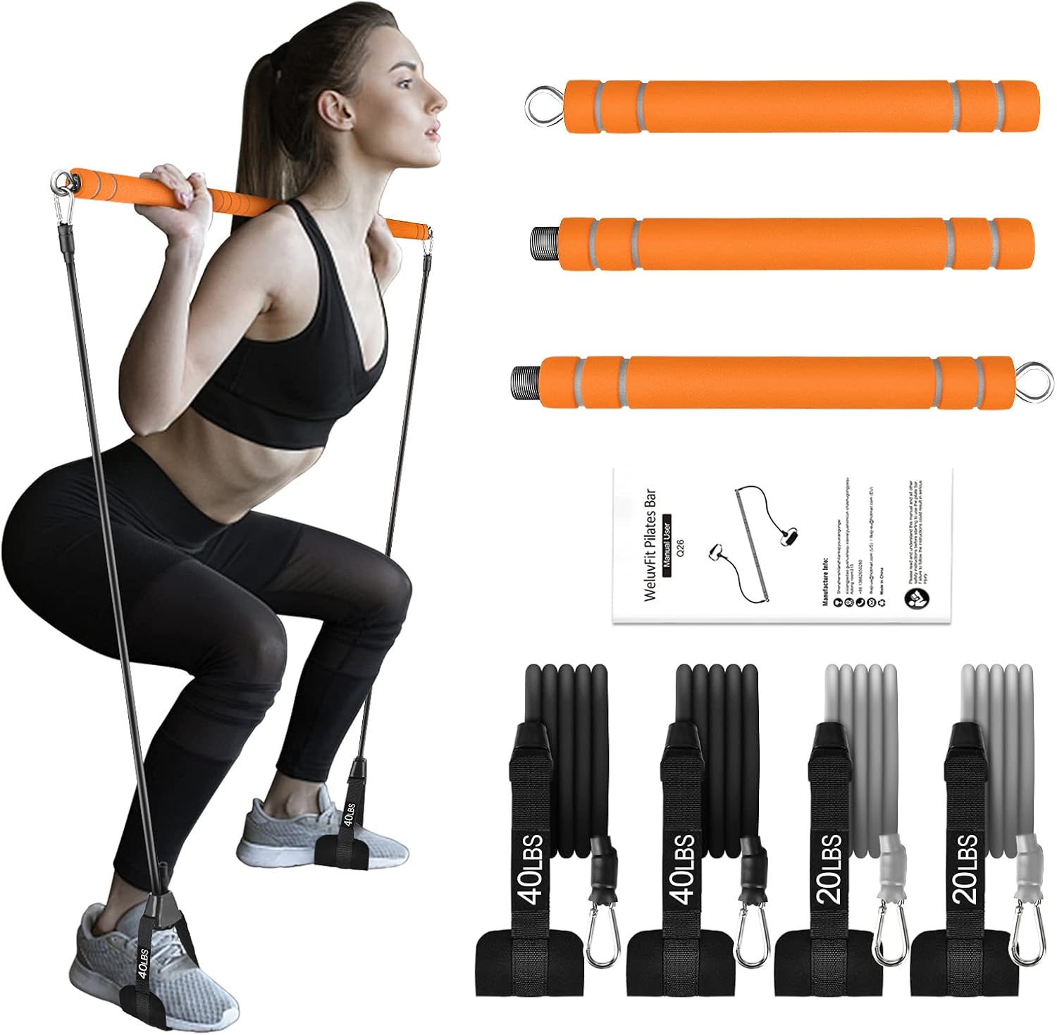 Pilates Bar Kit with Resistance Bands, WeluvFit Portable Exercise Fitness Equipment for Women & Men, Home Gym Workout 3-Section Stick Squat Yoga Pilates Flexbands Kit for Full Body Shaping : Sports & Outdoors