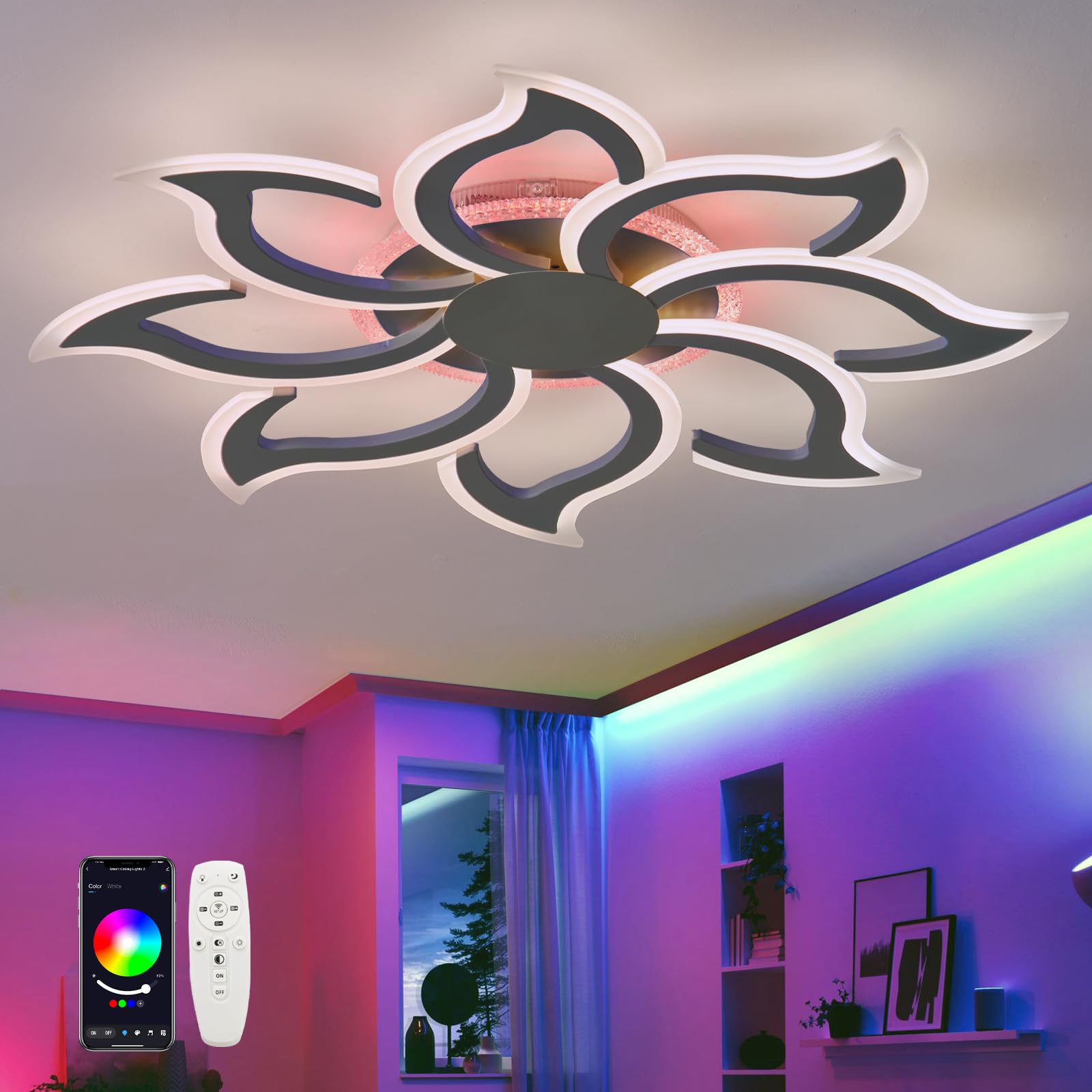 QINGYING 90cm Dimmable Ceiling Lights Flower,RGB Light Fittings Ceilings with Remote APP, Smart Ceiling Lamp Lighting Fixture for Living Room Bedroom Kitchen Office-White