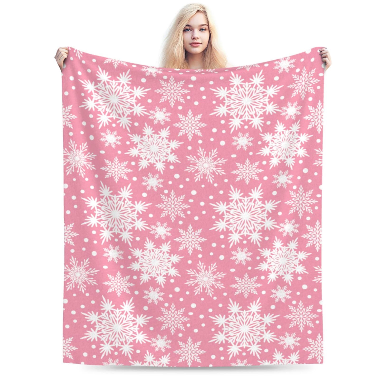 Perinsto Winter Snowflakes Pink Throw Blanket Ultra Soft Warm All Season Christmas Decorative Fleece Blankets for Bed Chair Car Sofa Couch Bedroom 50"