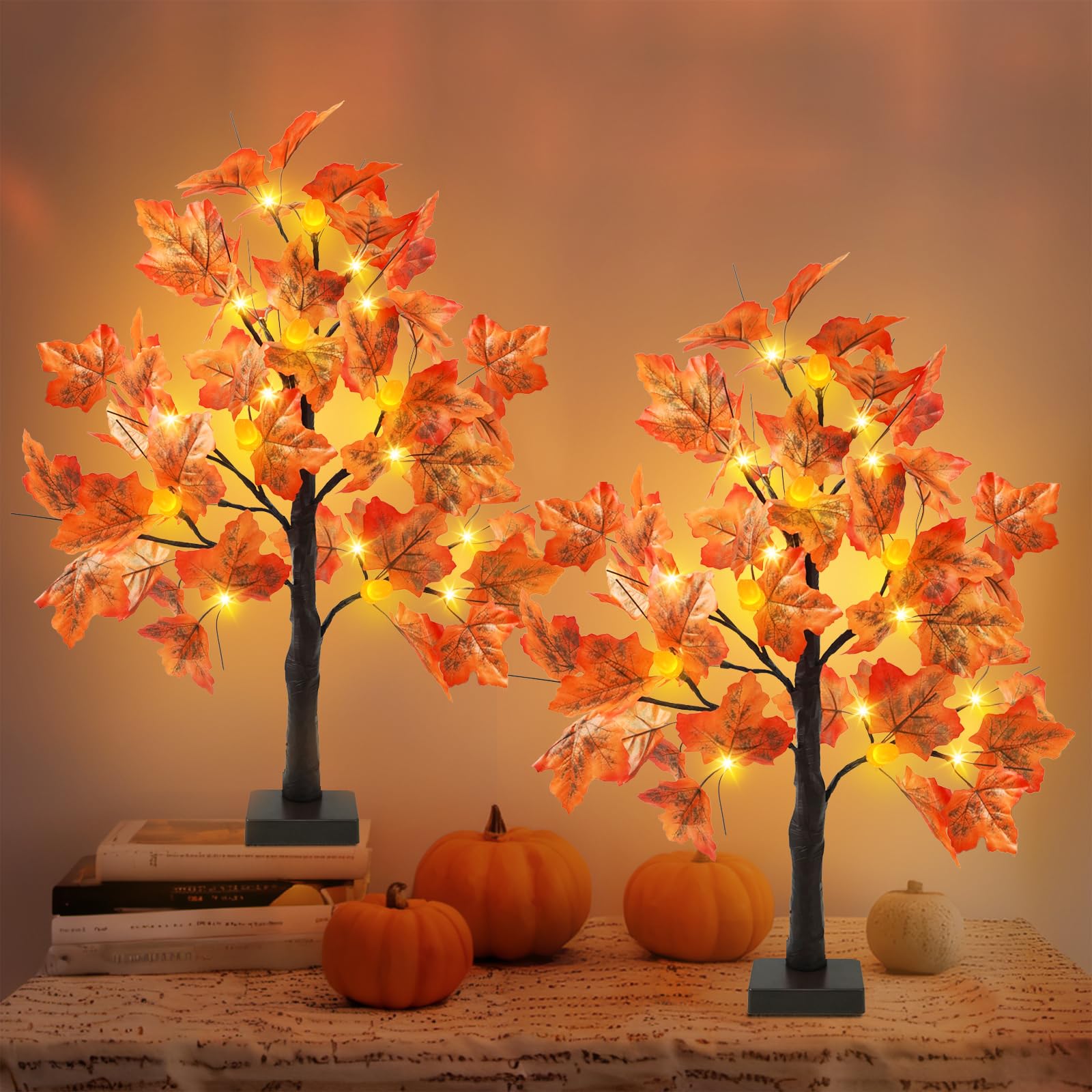 Succwoah 2 Pcs 24 Inch Artificial Fall Lighted Maple Tree with 24 LED 6 Acorns Timer, Light Up Thanksgiving Tabletop Tree Decorations for Autumn Home Party Indoor Outdoor