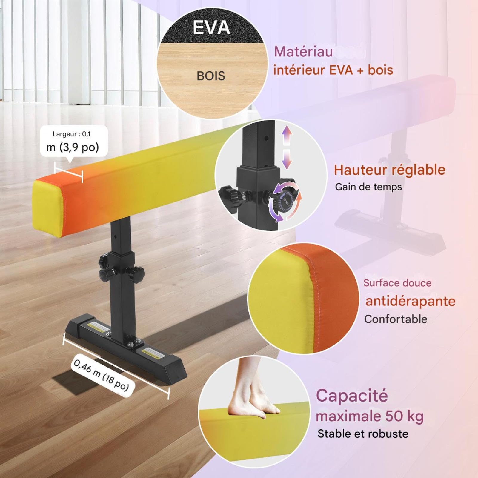 Poutre Gymnastique 5 Hauteurs Réglables Poutress D'Équilibre Enfant Poutre Gym Capacité de charge 50 kg 180 cm de long Équipement d'entraînement de gymnastique à poutres stables de niveau haut et bas