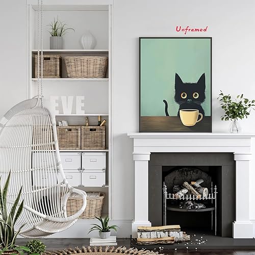 Miniatura 7 de Yaneiro Divertido arte de pared de gato negro abstracto para beber café, lindo retrato de gato negro, decoración de pared, póster de lienzo adecuado