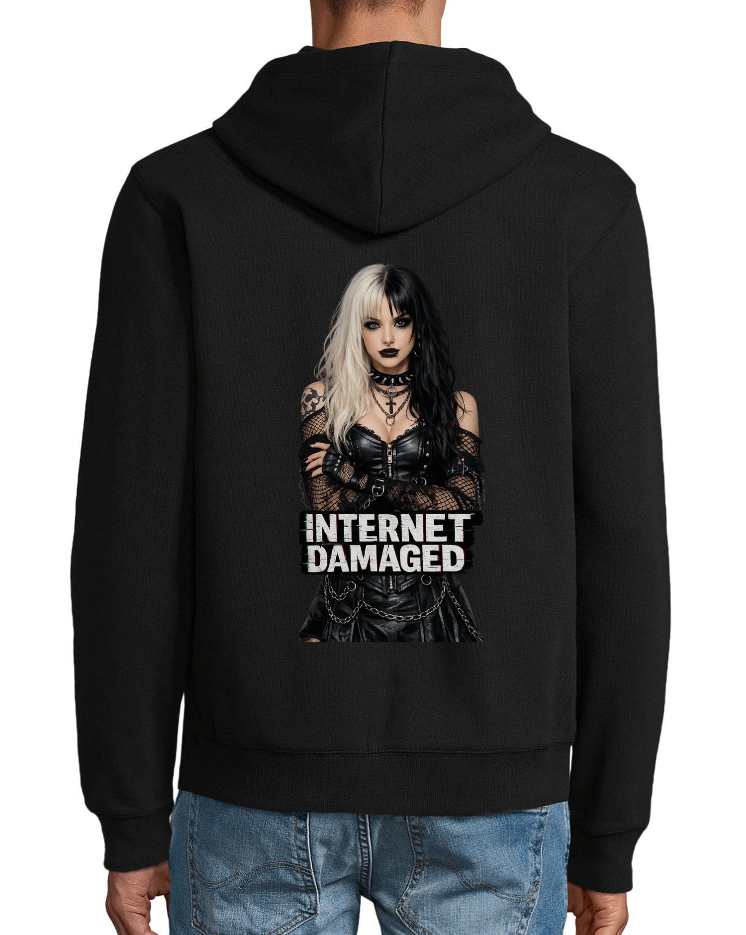 Edgy Alternative Style Statement - Sudadera con capucha, mezcla de algodón, con cremallera, color negro