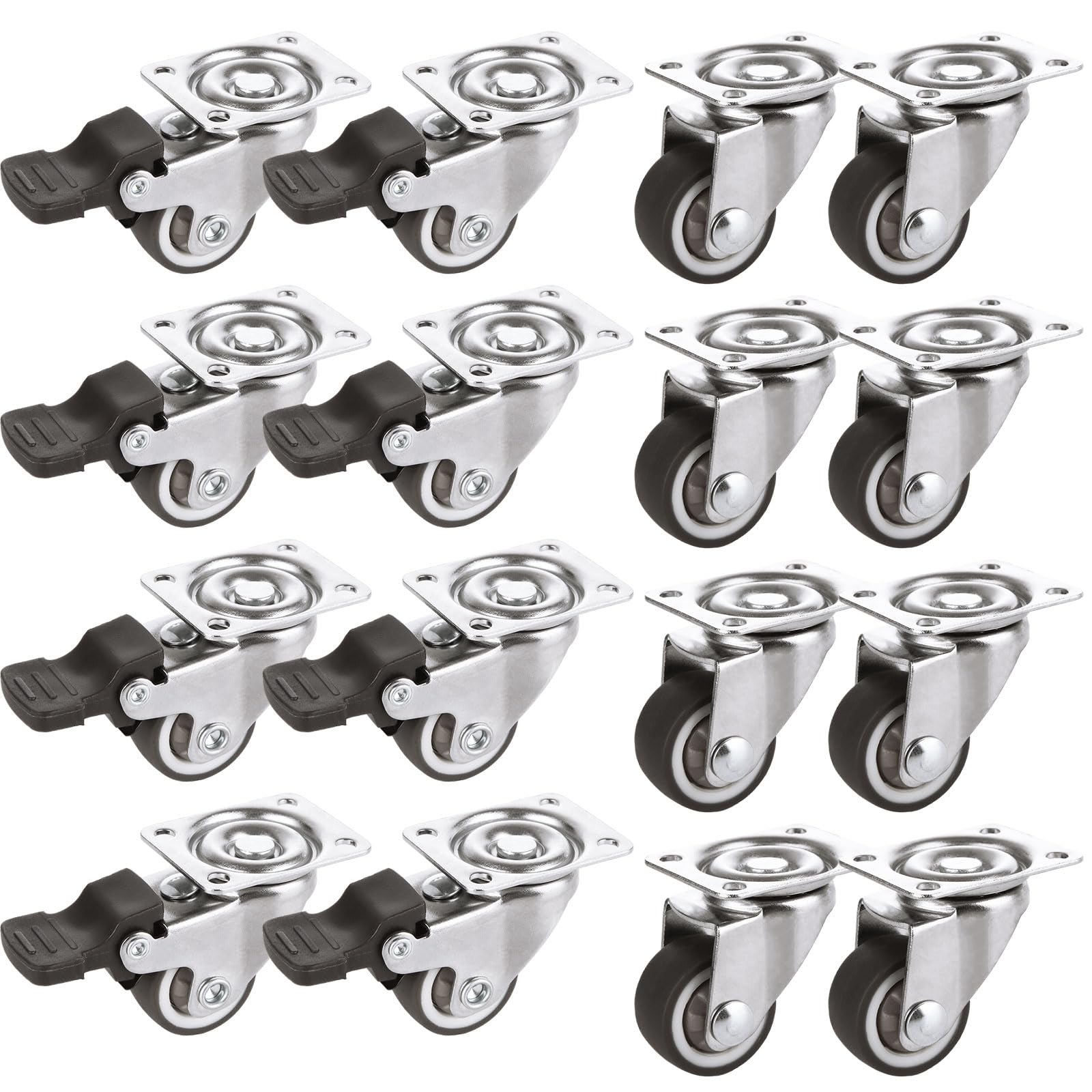ZOFUN Caster Wheels Set of 16, 25 x 13 mm Heavy Duty Castor Wheels with Screws, Included 8 Pcs Silent Furniture Castors with Brakes, Silver Casters for Furniture