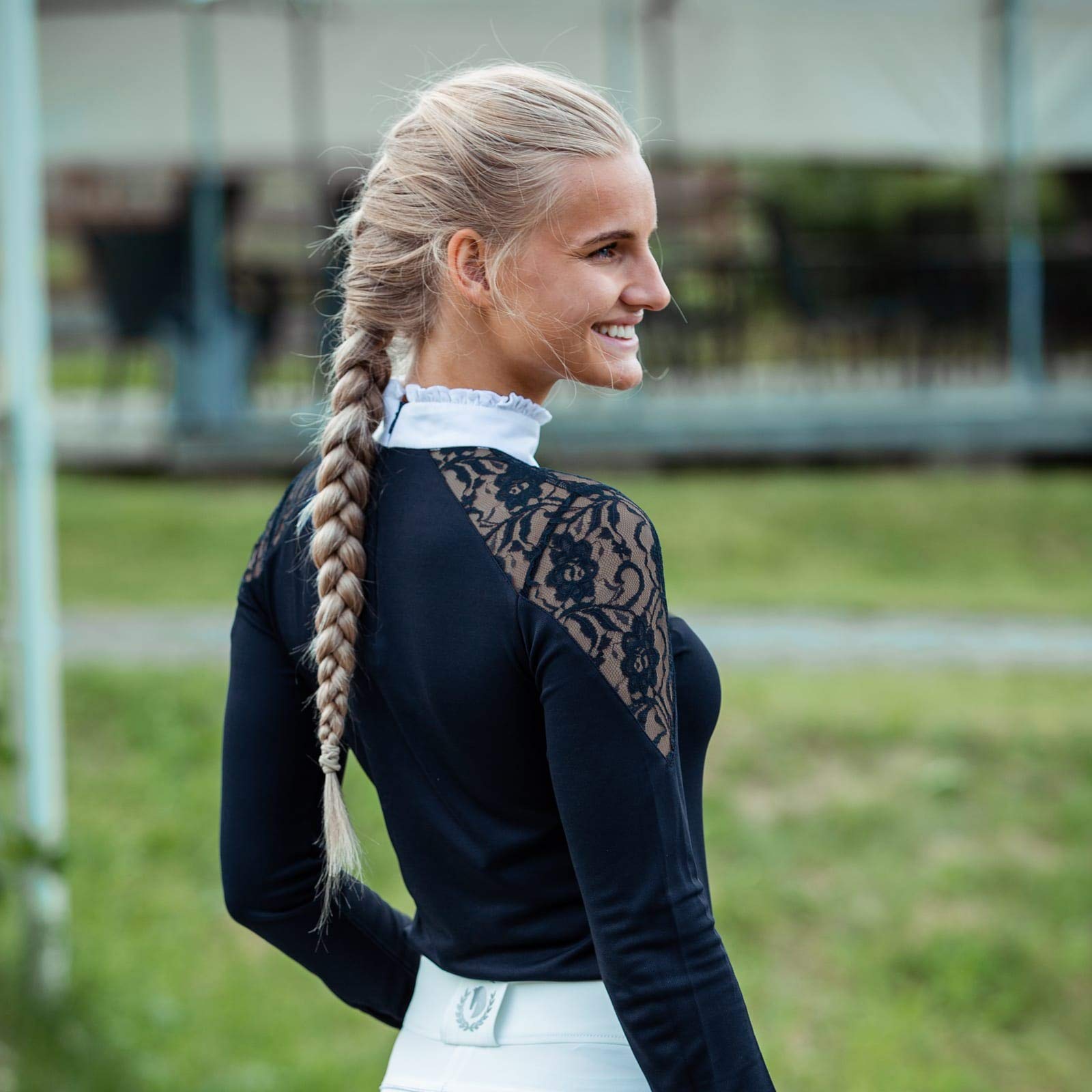 HORZE Polo de Concours en Dentelle à Manches Longues Sylvie, Bleu, 40